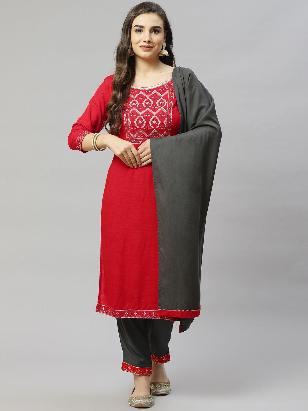 highlight fashion export women red embroidered kurta with trousers & with dupatta