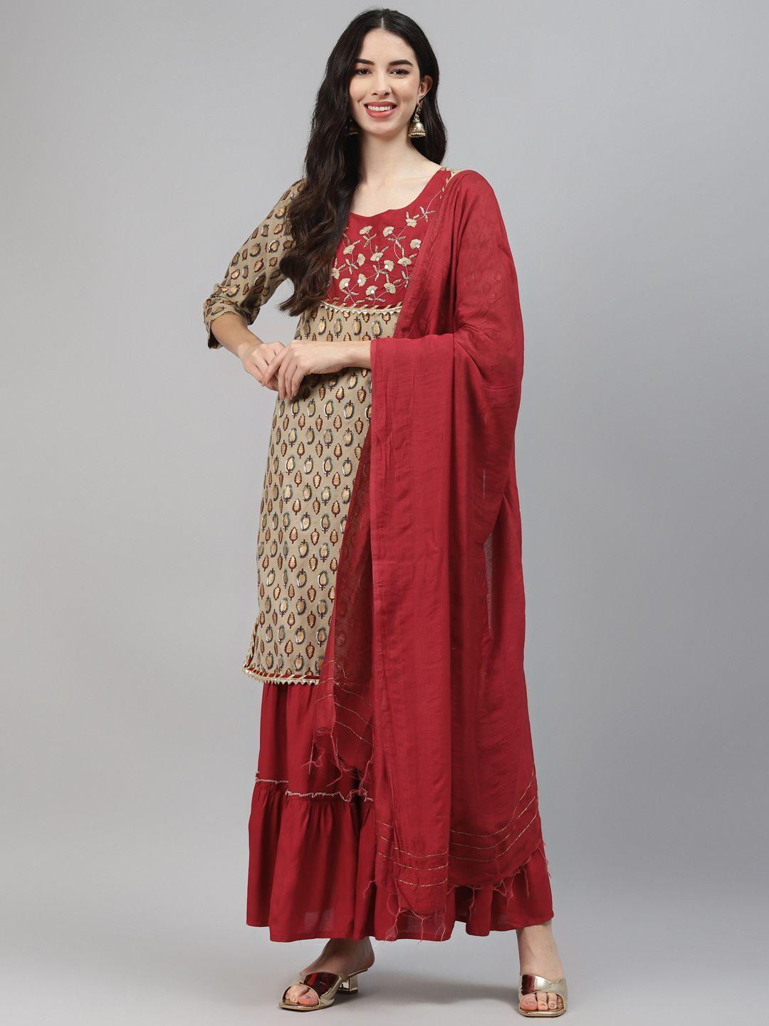 highlight fashion export women red ethnic motifs printed regular gotta patti kurta set