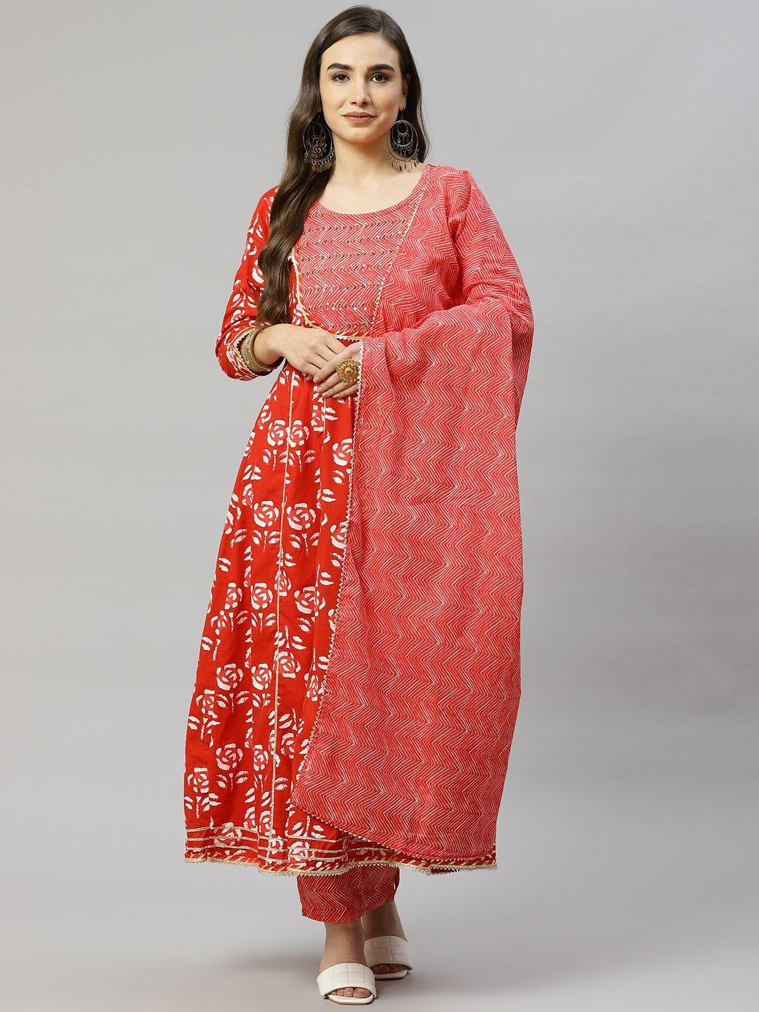 highlight fashion export women red floral printed kurta with trousers & with dupatta