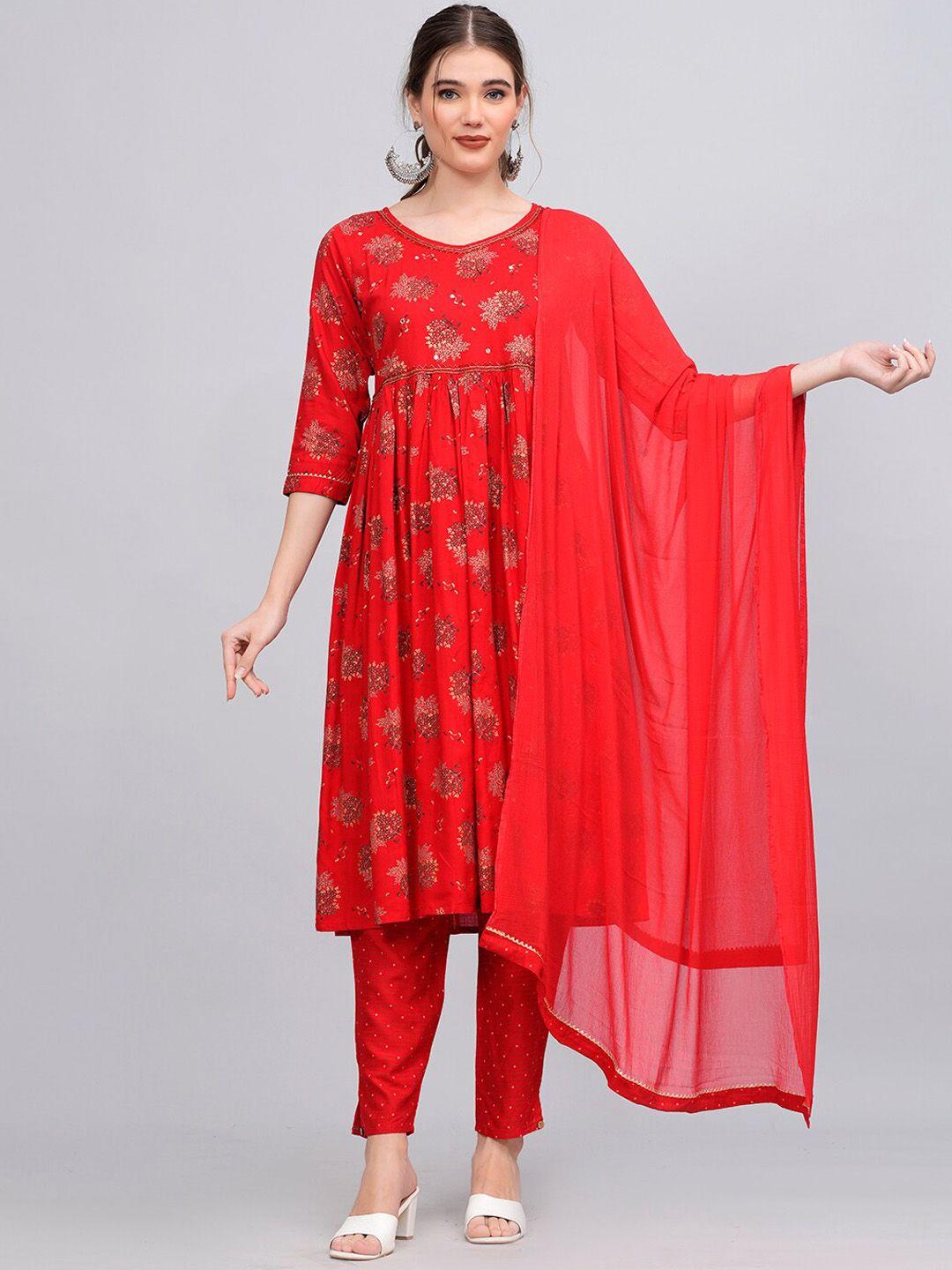highlight fashion export women red floral printed regular kurta with trousers & with dupatta