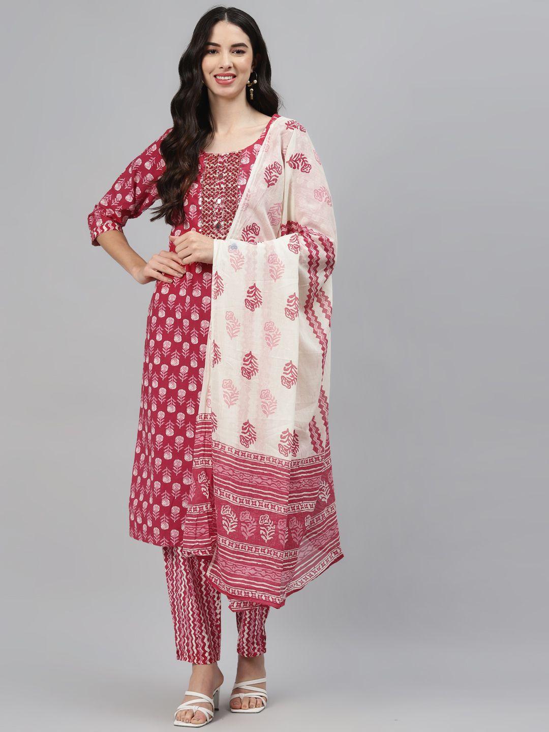 highlight fashion export women red printed regular kurta with trousers & with dupatta