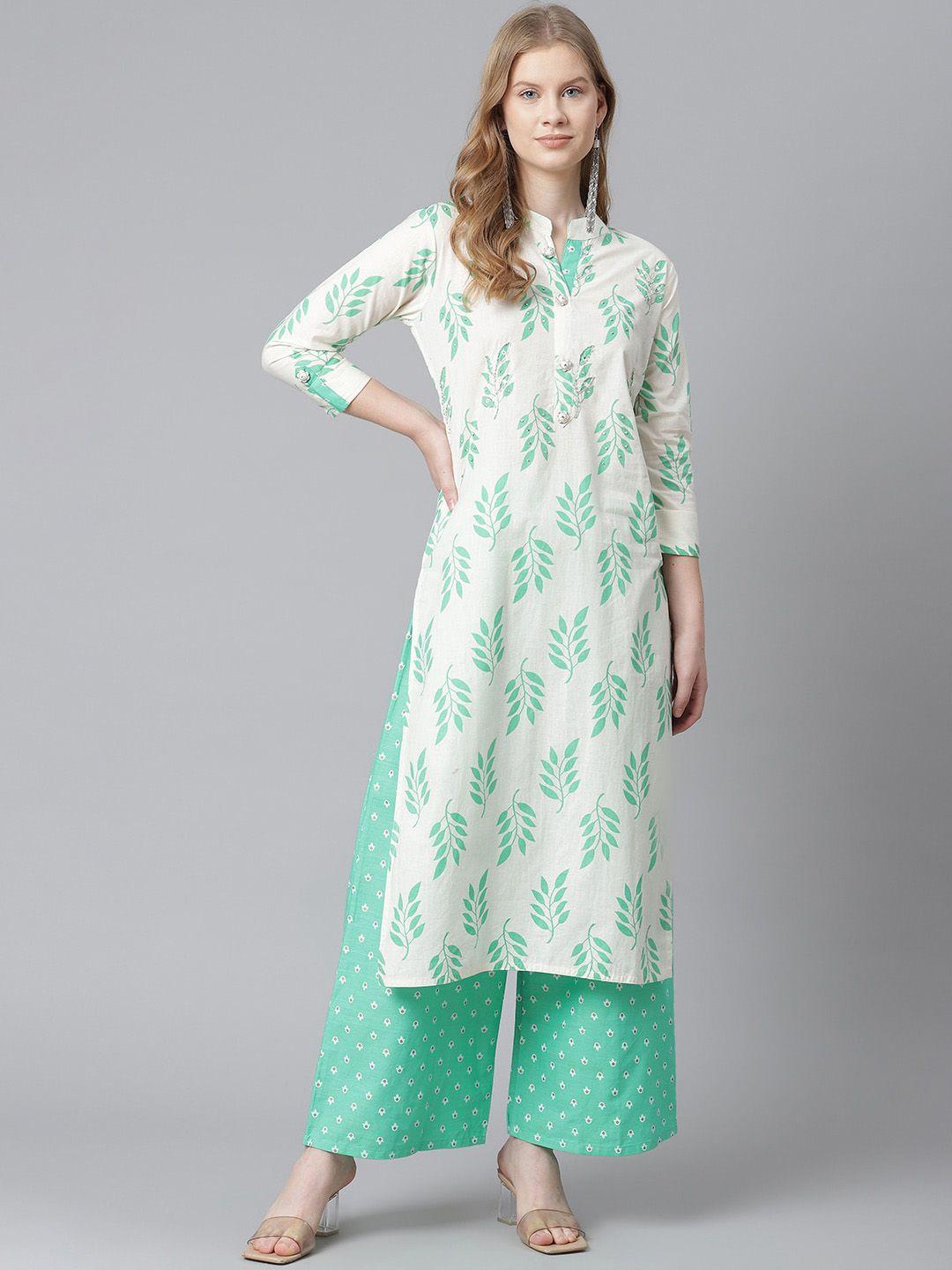 highlight fashion export women sea green & white floral printed kurta with palazzos