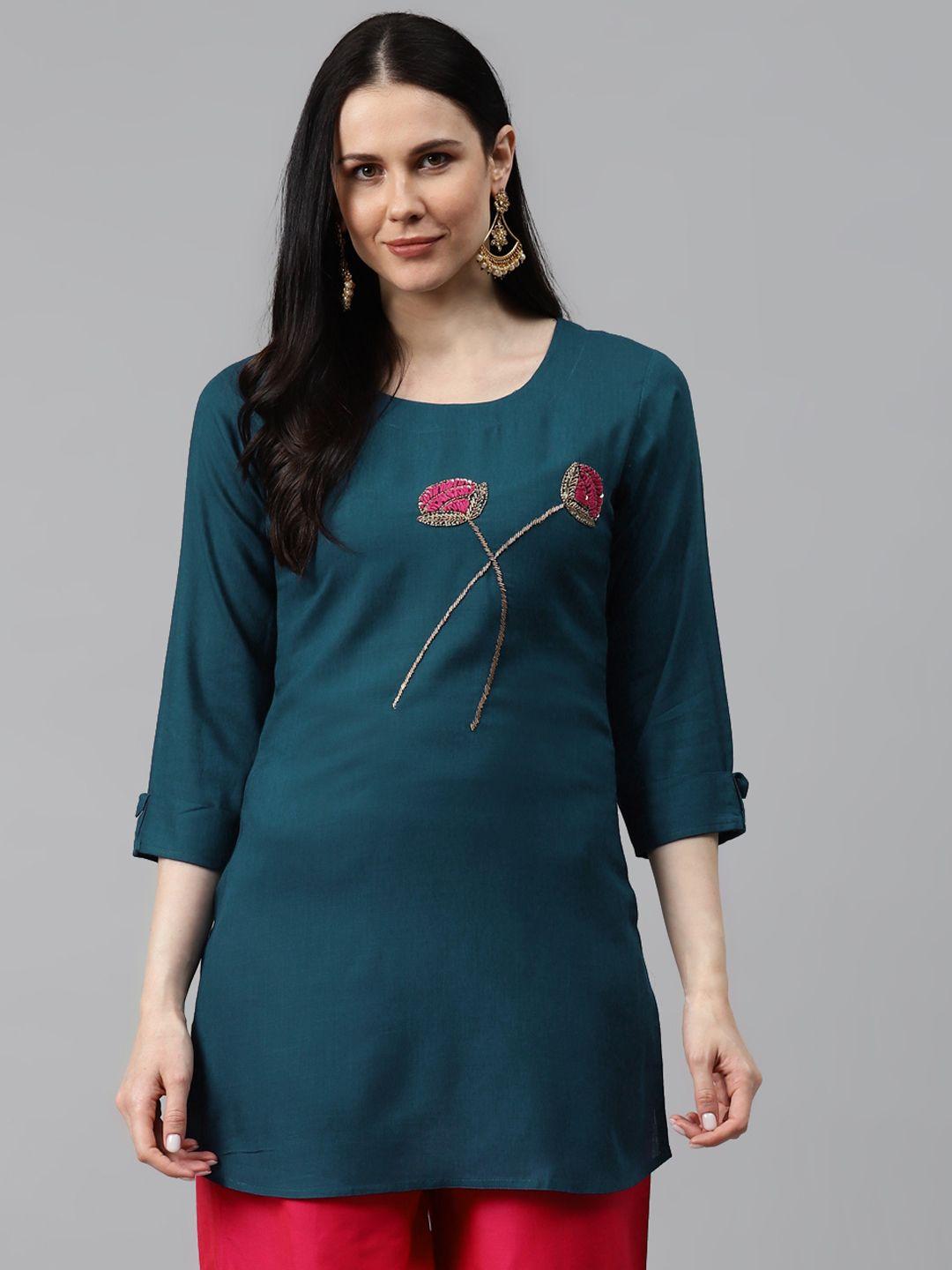 highlight fashion export women teal blue roll-up sleeves handwork embroidered kurti