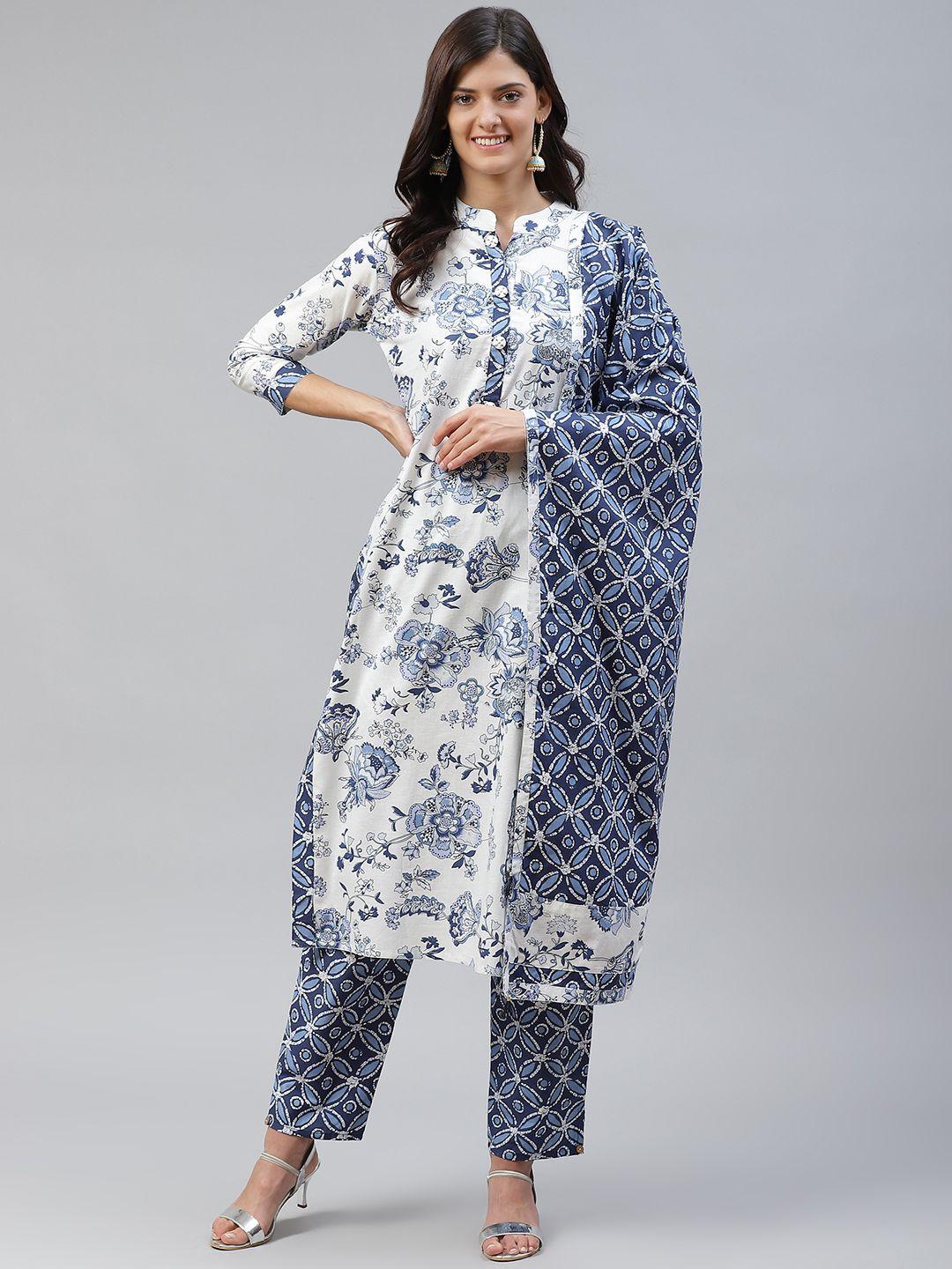 highlight fashion export women white & blue printed kurta with trousers & dupatta
