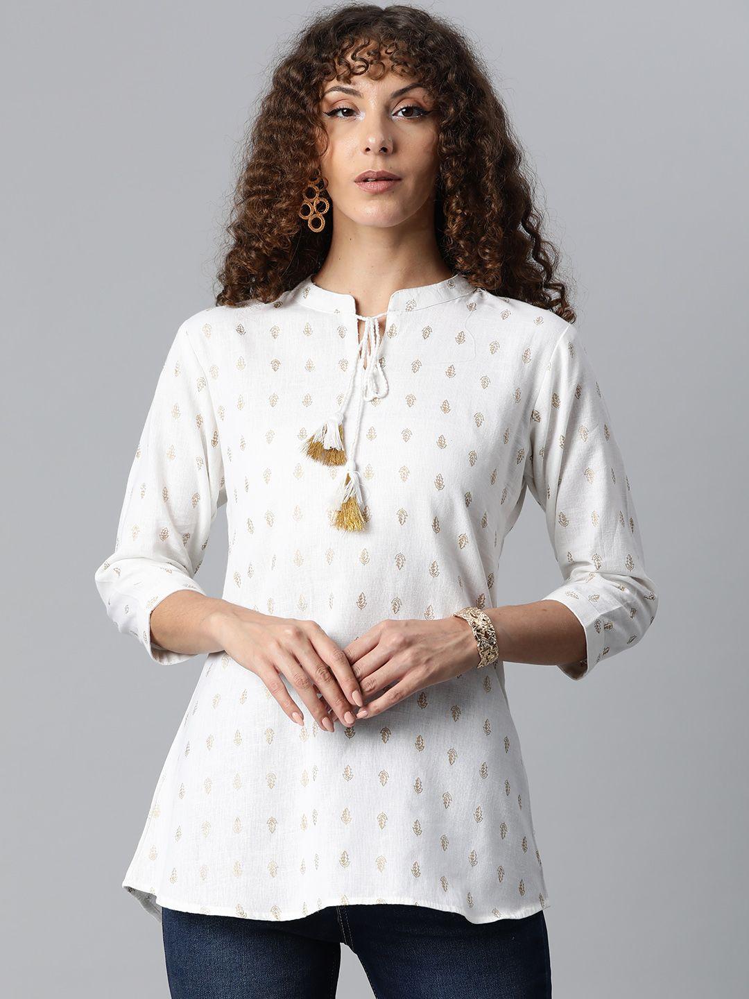 highlight fashion export women white & gold-toned ethnic motifs print top