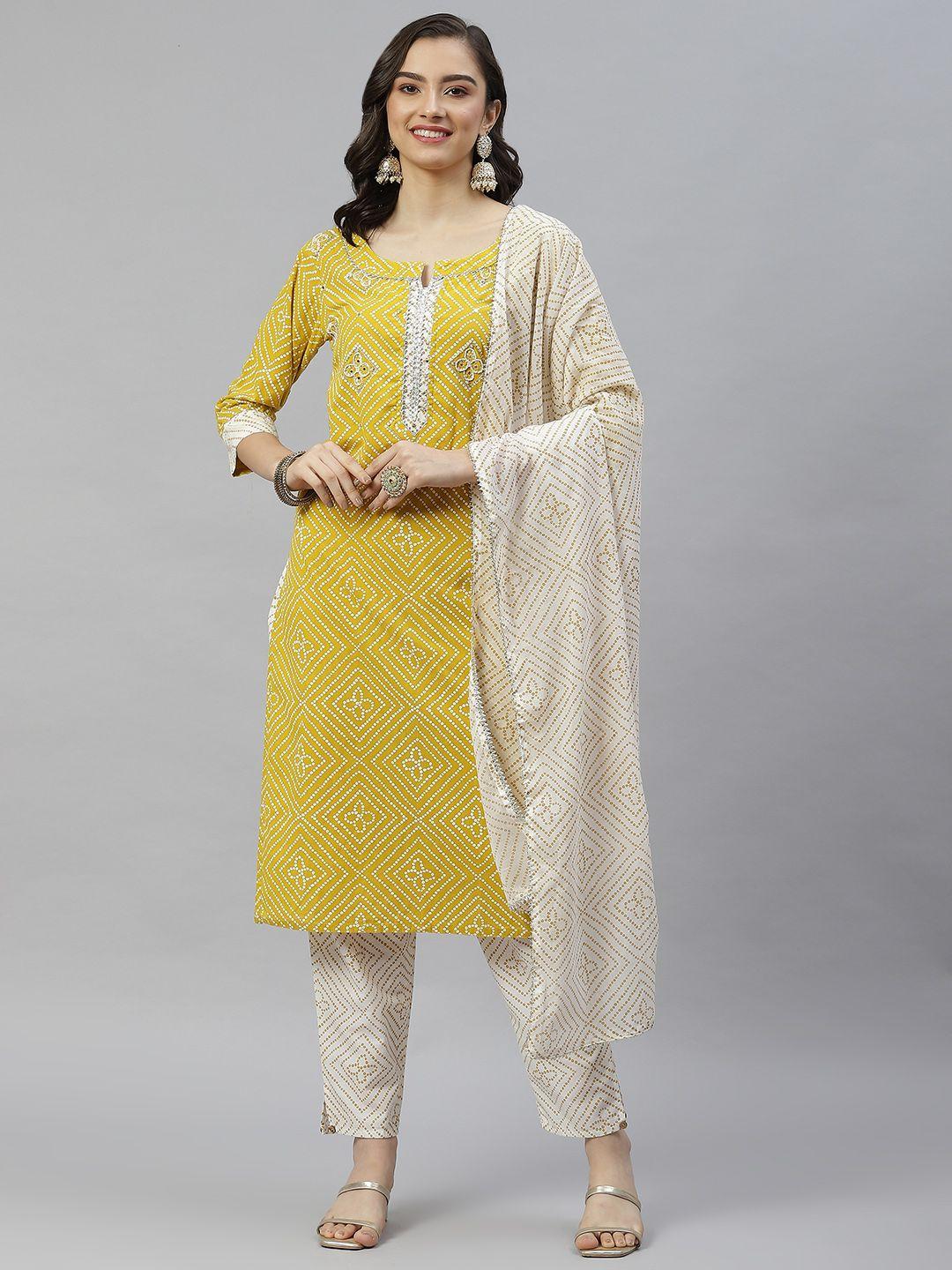 highlight fashion export women yellow bandhani beads and stones pure cotton kurta set