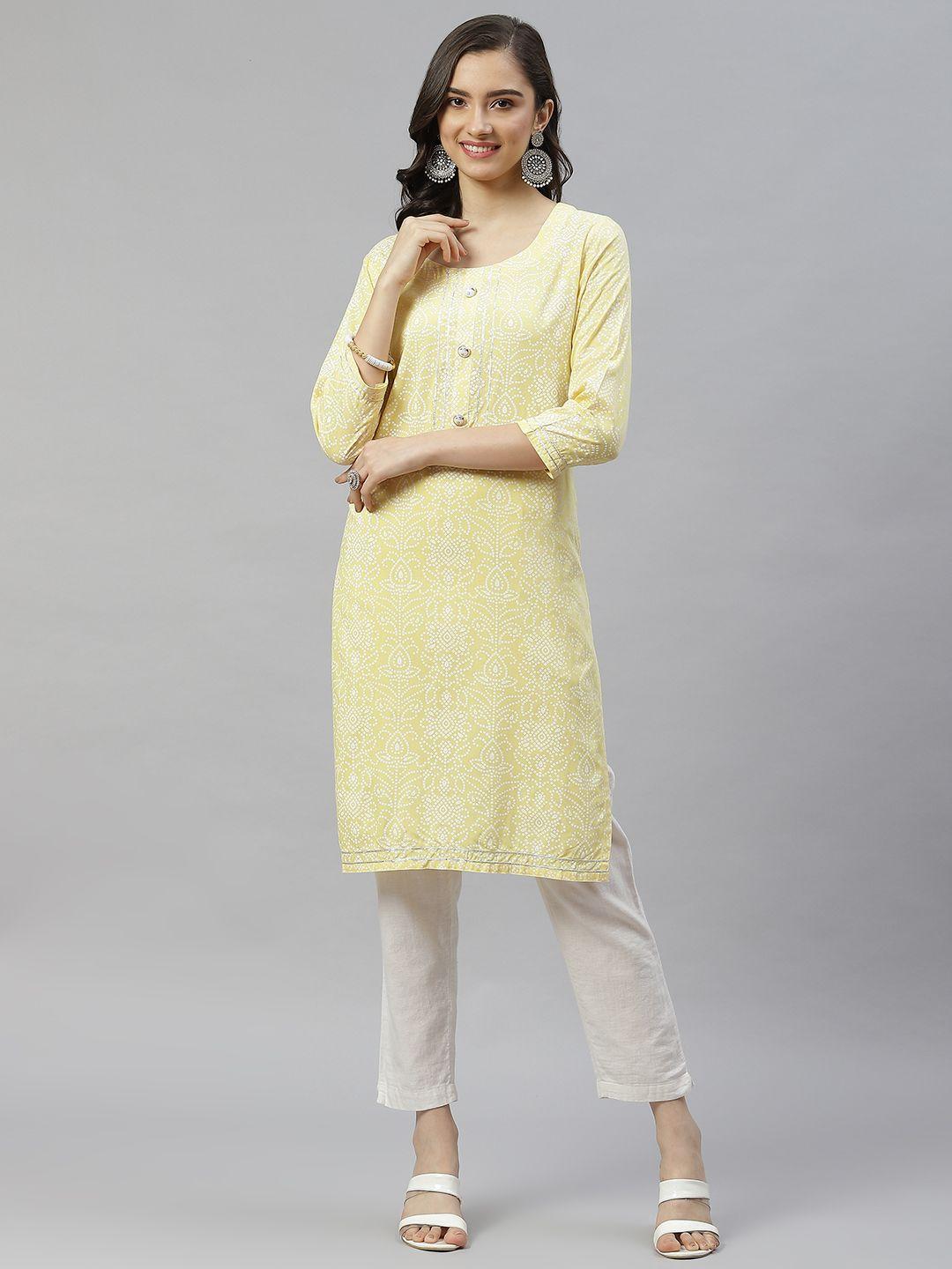 highlight fashion export women yellow bandhani printed cotton gotta patti kurta