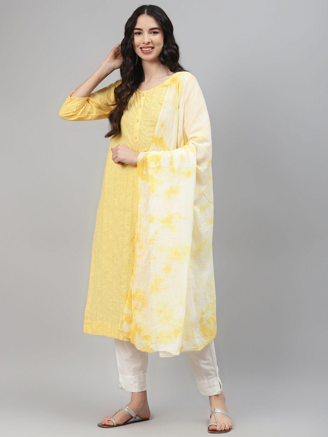highlight fashion export women yellow embroidered regular sequinned kurta with trousers & with dupatta