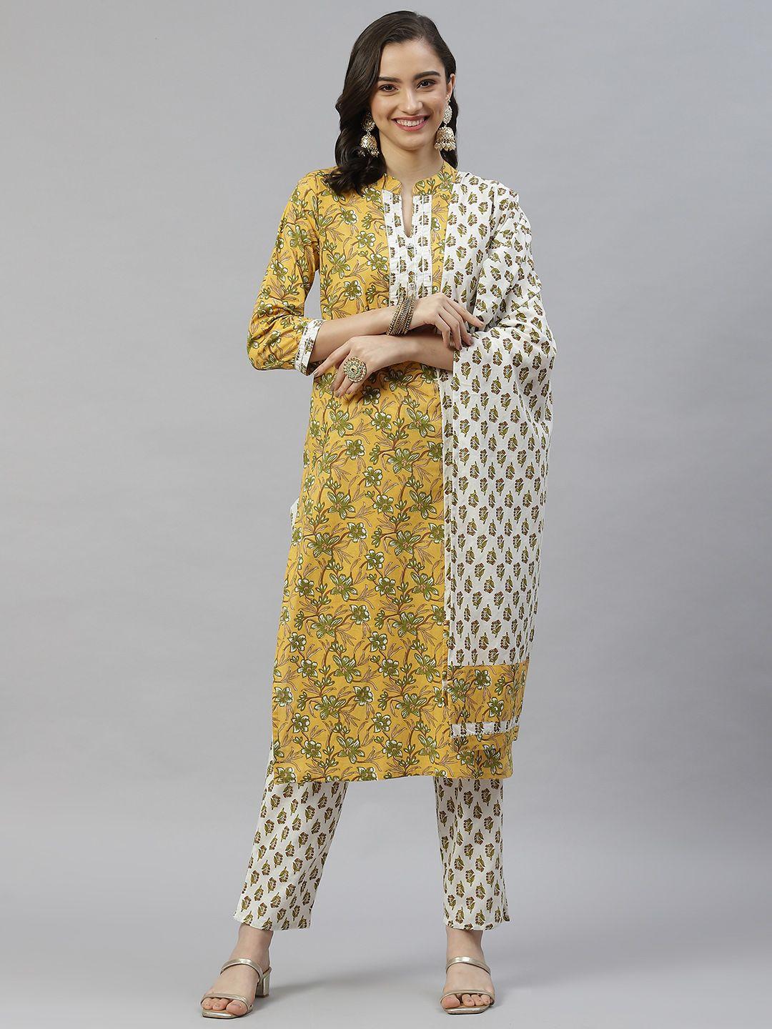 highlight fashion export women yellow floral printed gotta patti pure cotton kurta set