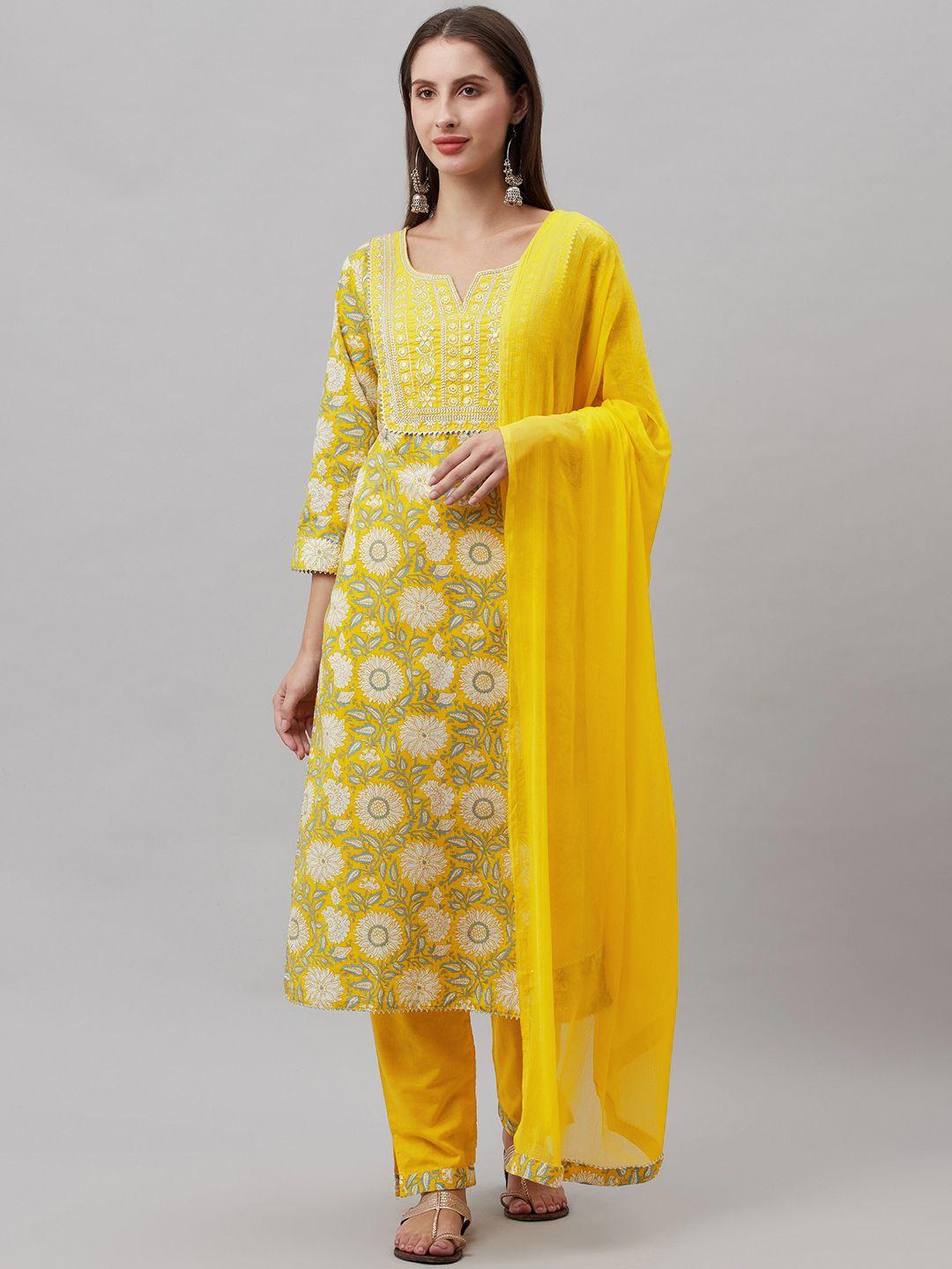 highlight fashion export women yellow floral printed pure cotton kurta with trousers & with dupatta