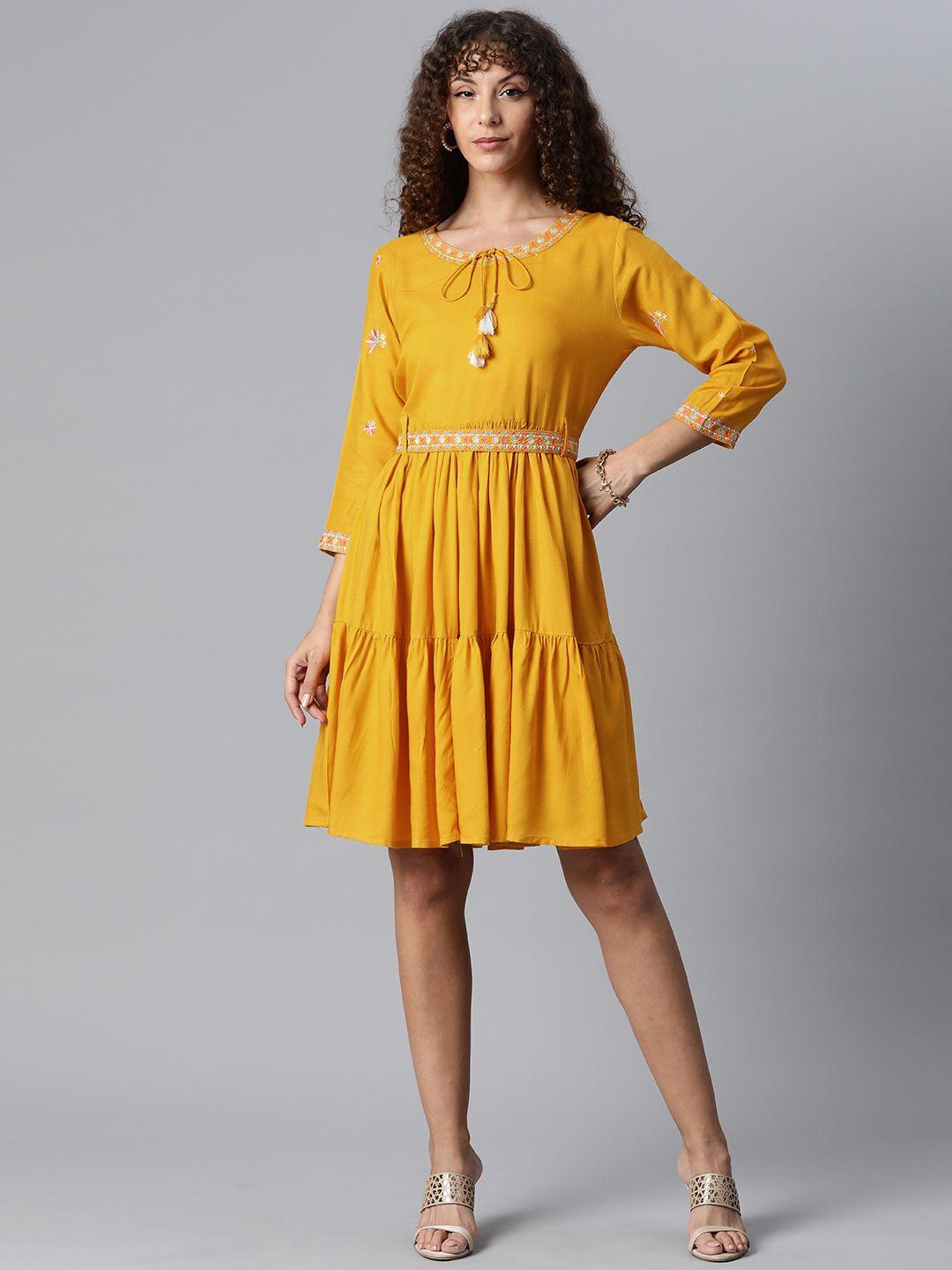 highlight fashion export women yellow solid fit & flare midi dress