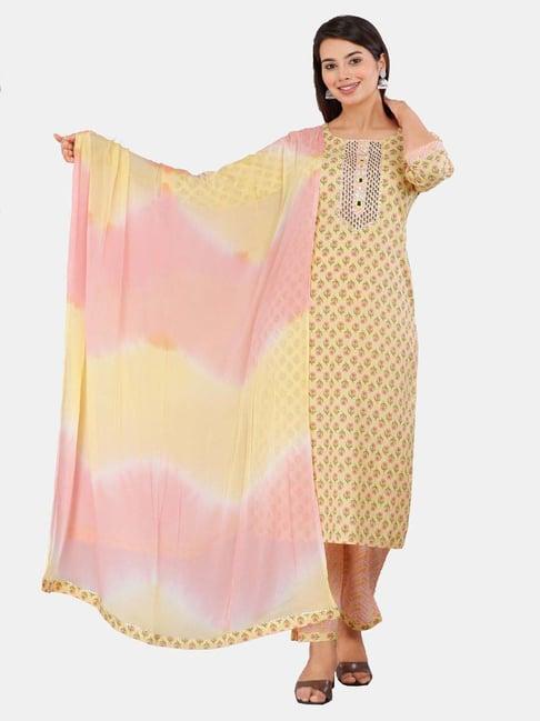 highlight fashion export yellow & peach cotton embroidered kurta pants set with dupatta