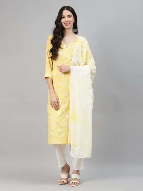 highlight fashion export yellow & white embroidered kurta pants set with dupatta