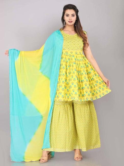 highlight fashion export yellow cotton embellished kurta sharara set with dupatta