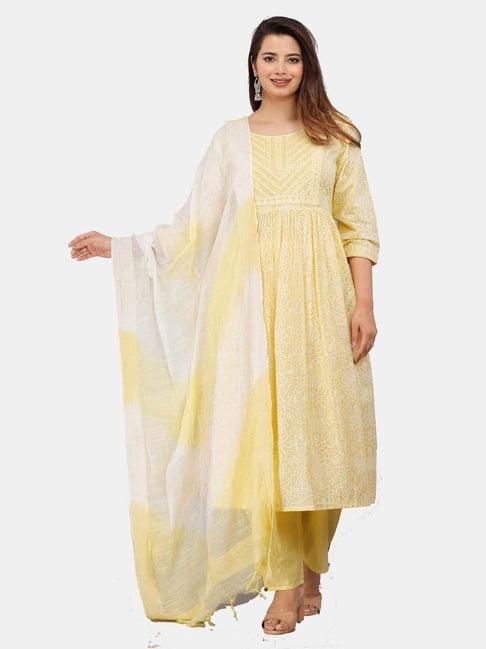 highlight fashion export yellow cotton embroidered kurta pants set with dupatta