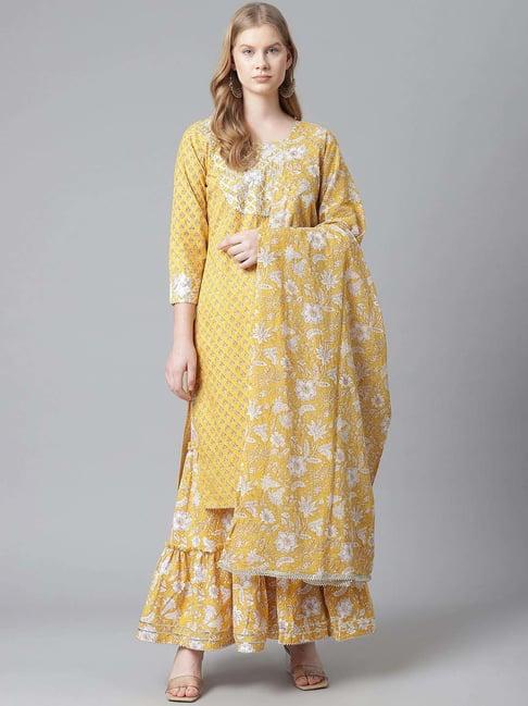 highlight fashion export yellow cotton embroidered kurta sharara set with dupatta