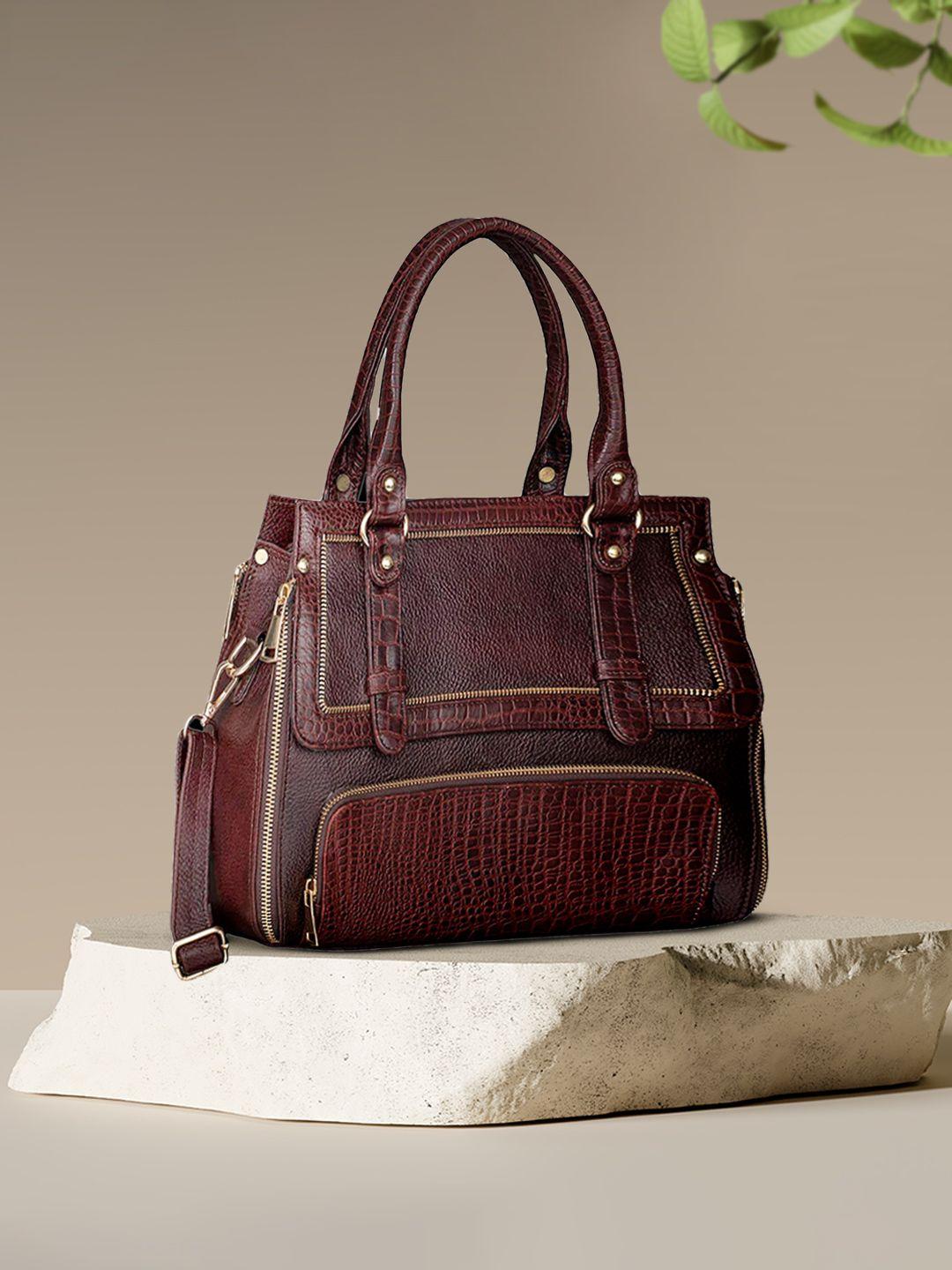 hileder brown leather structured handheld bag with fringed