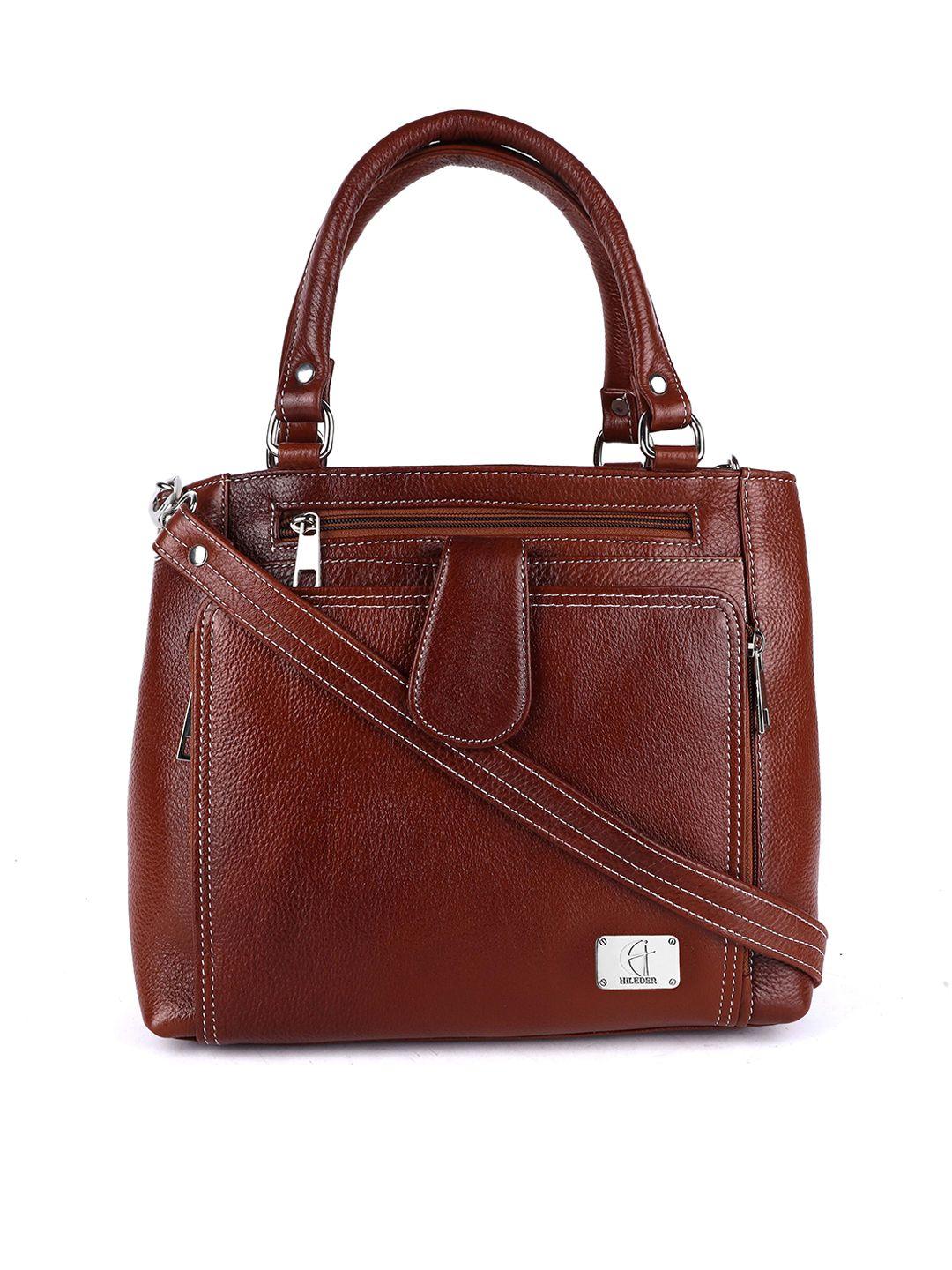 hileder brown leather structured handheld bag