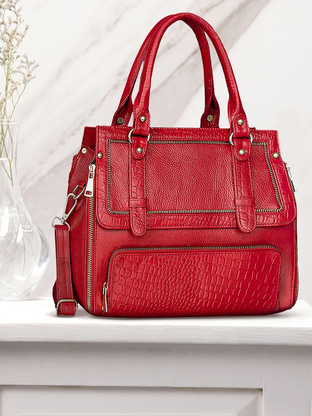 hileder red leather structured handheld bag