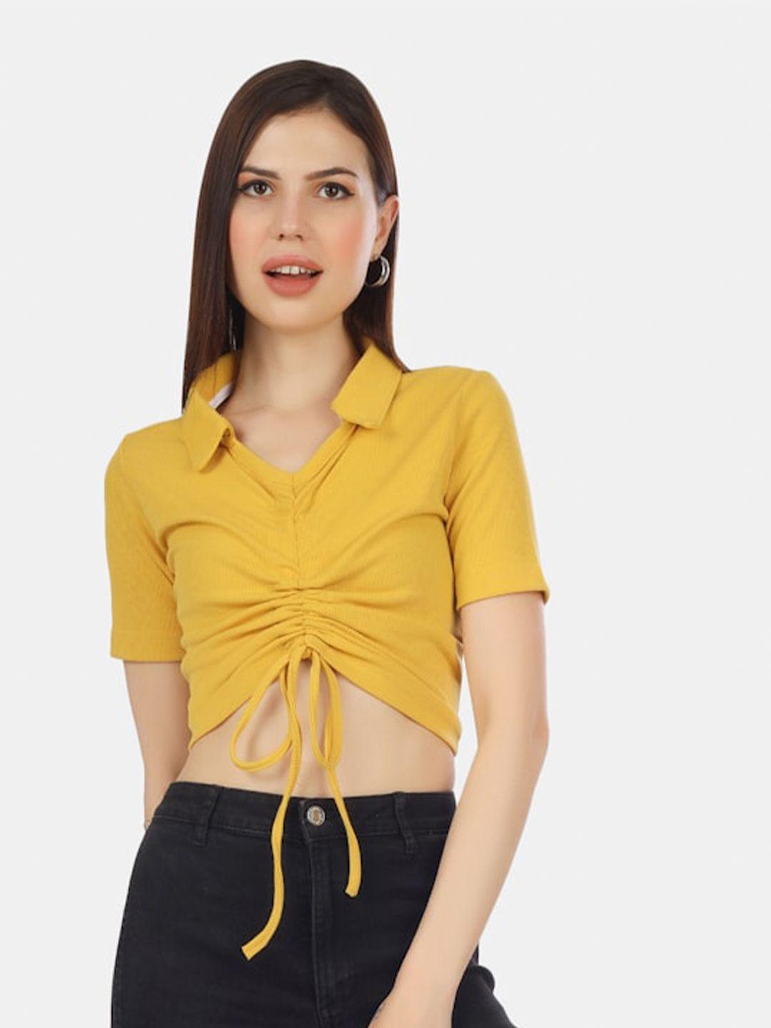 hill street  shirt collar pure cotton fitted crop ruched top
