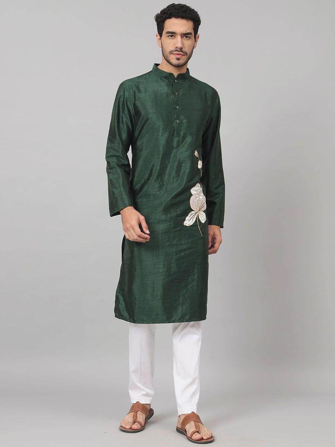 hilo design floral embroidered mandarin collar cotton silk straight kurta