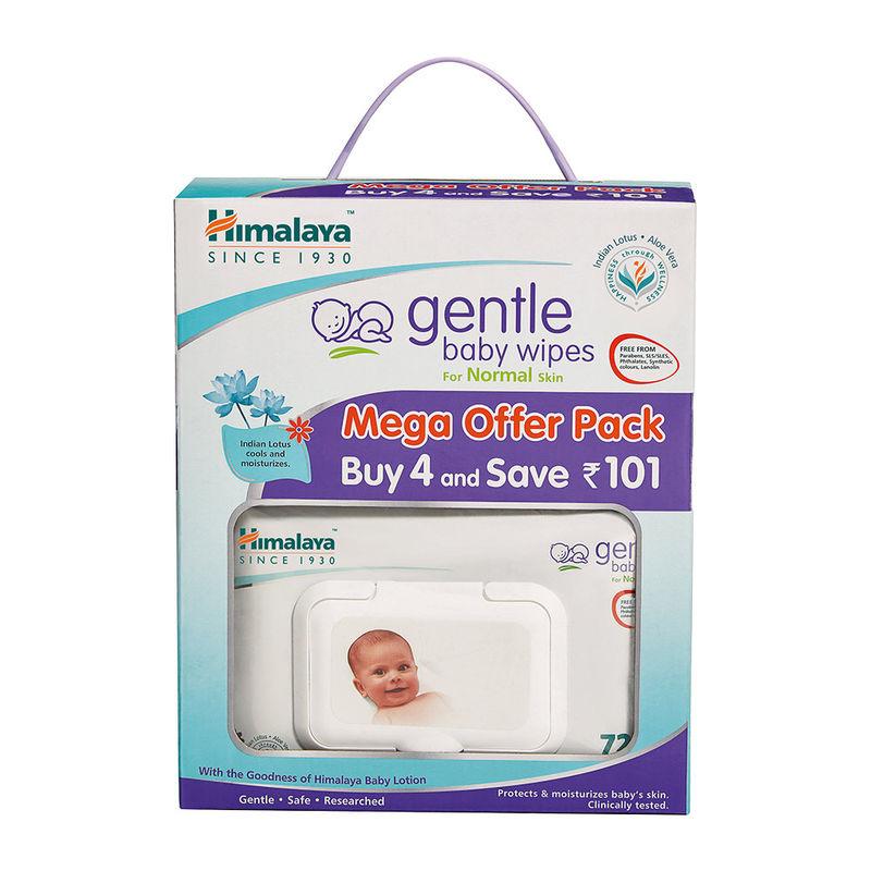 himalaya gentle baby wipes mega offer pack of 4, 72pcs - small (save rs.101/-)