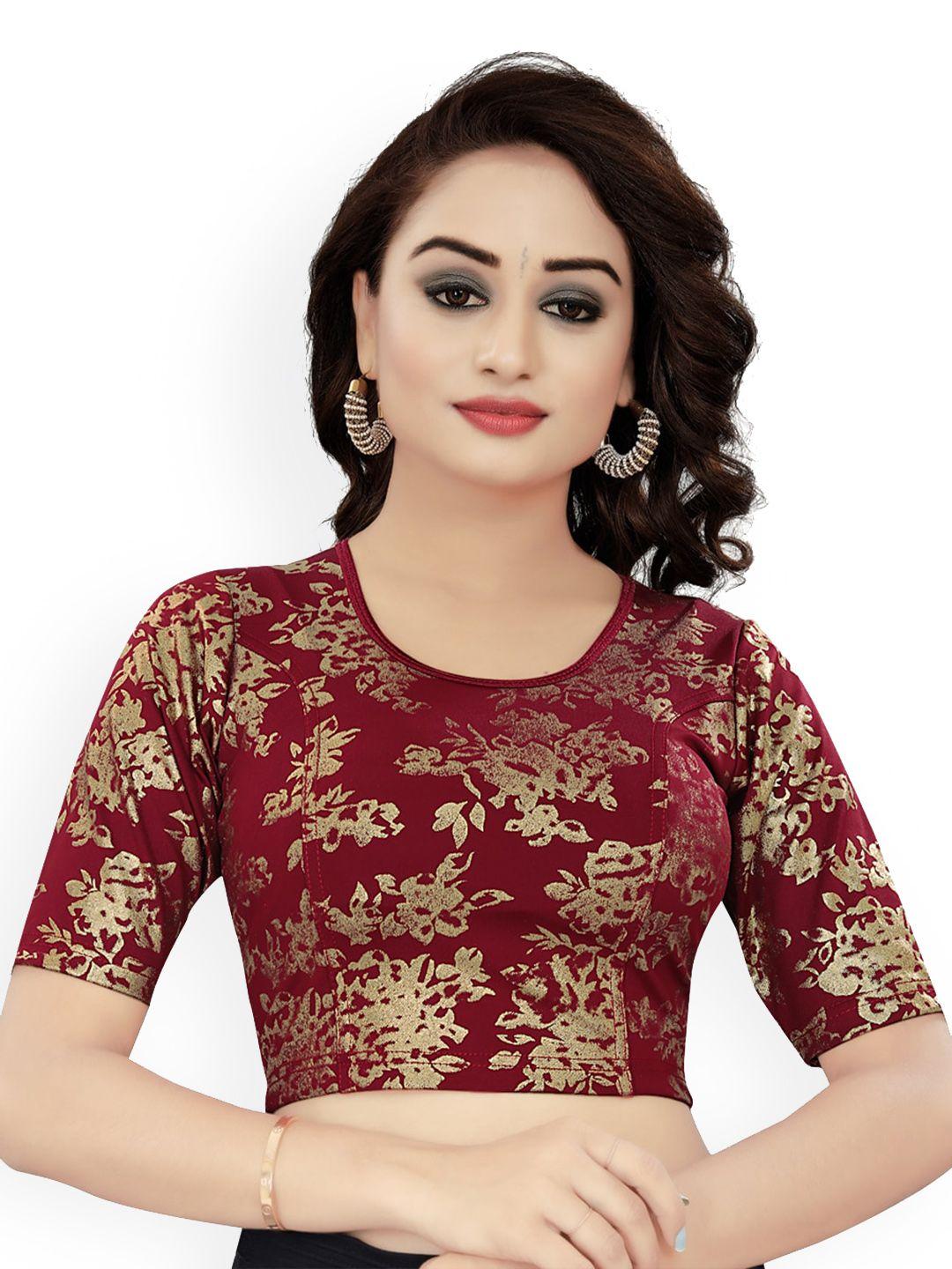 himrise floral foil printed round neck cut-out saree blouse