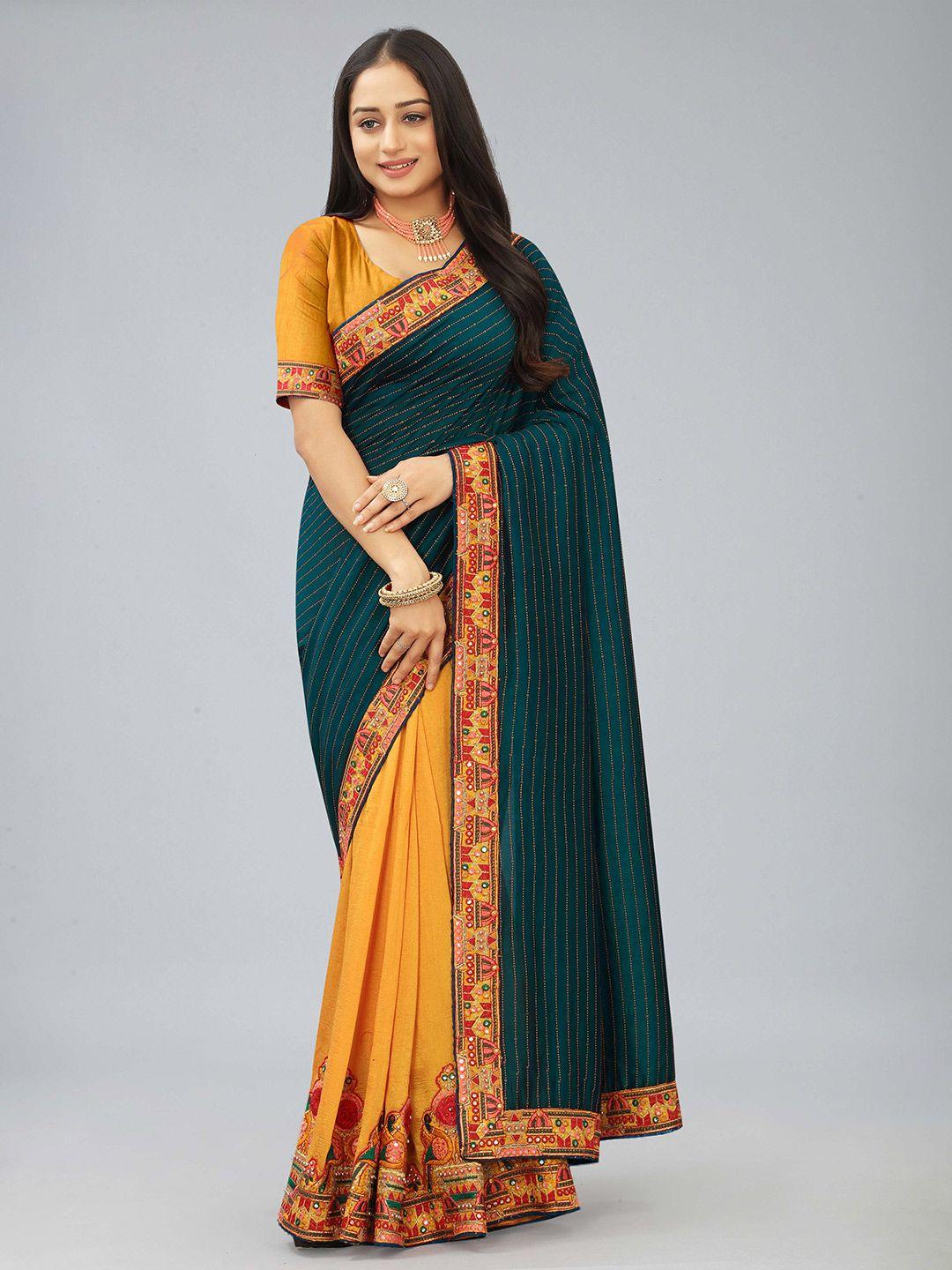 hinaya striped embroidered half and half saree