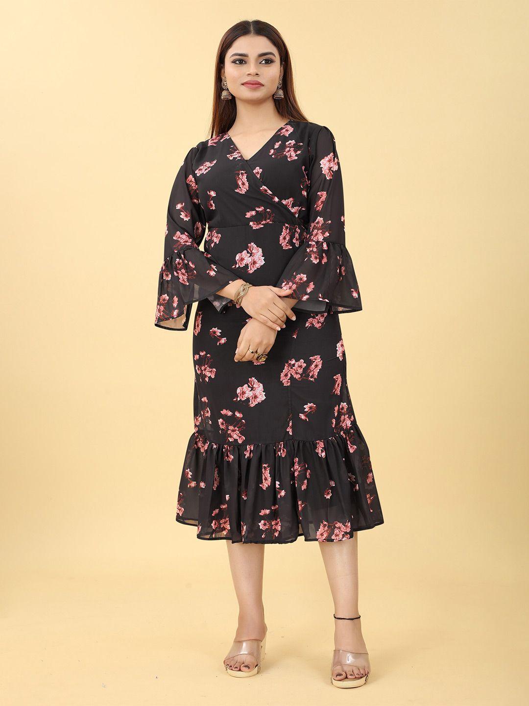 hinaya floral print bell sleeve georgette midi dress