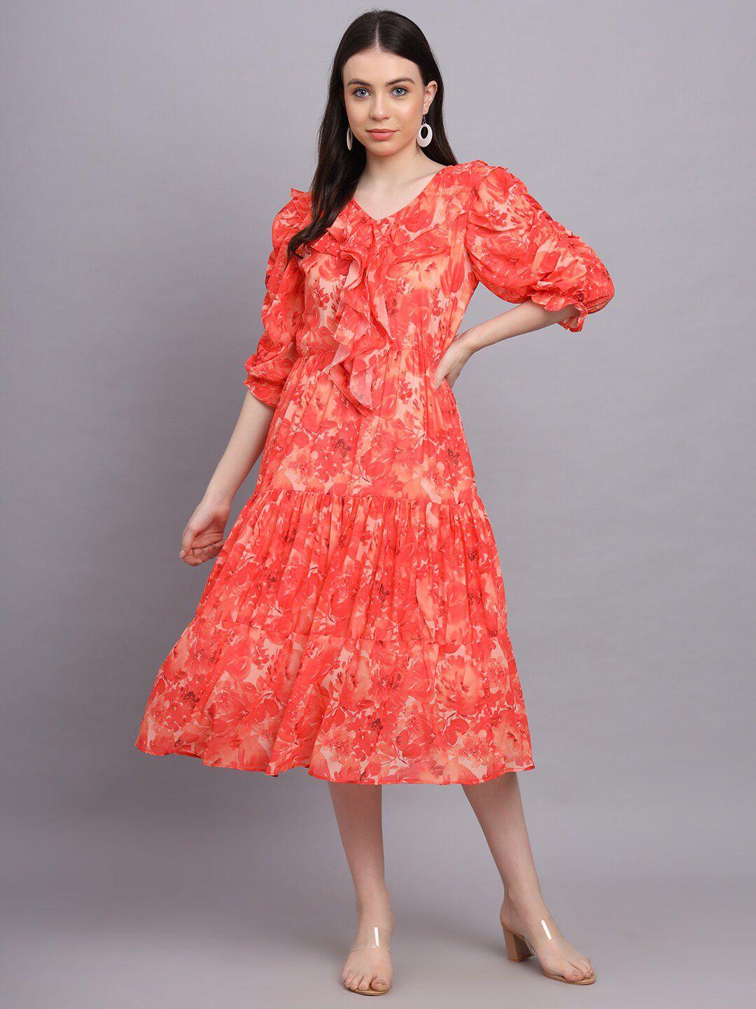 hinaya floral print puff sleeve ruffled georgette fit & flare midi dress