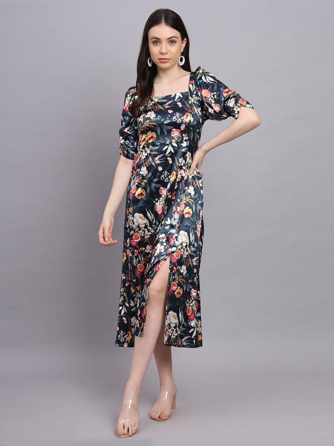 hinaya floral printed puff sleeve satin fit & flare smoke western maxi dress