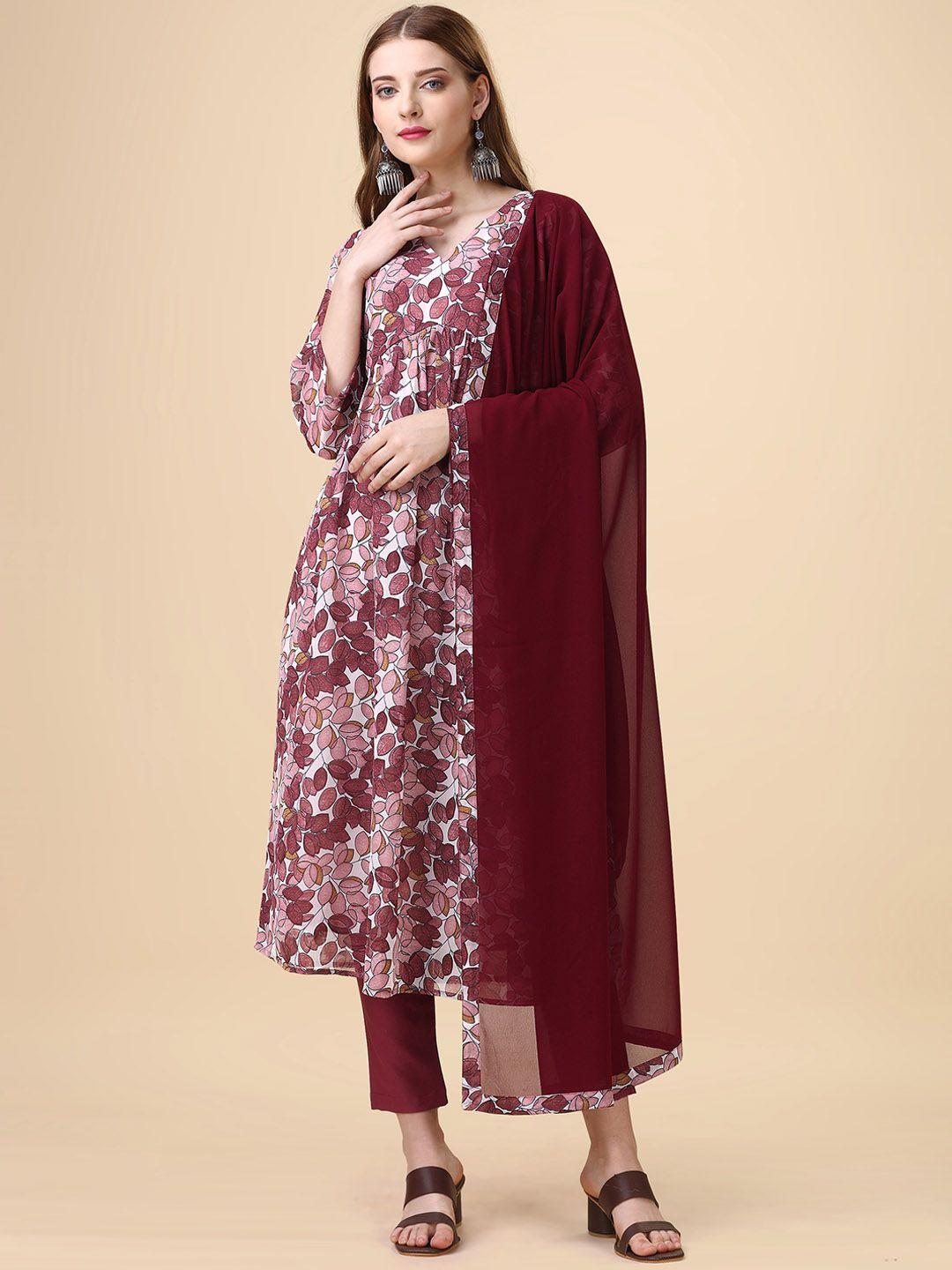 hinayat fashion floral printed v-neck empire kurta with trousers & dupatta