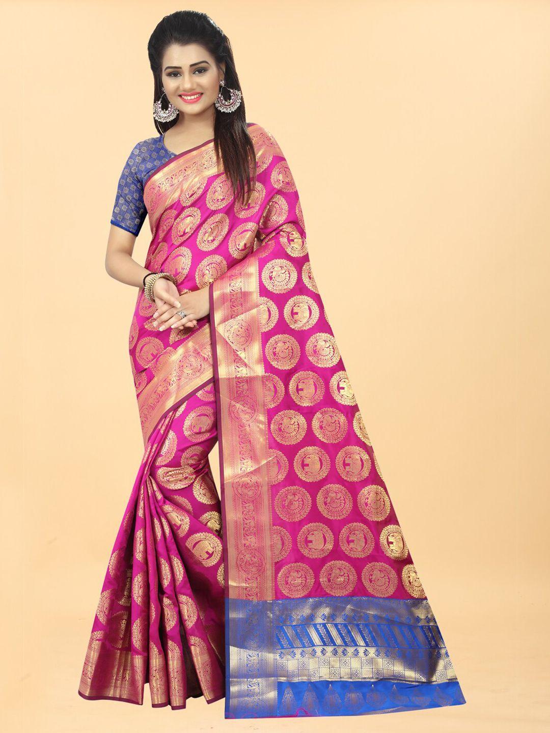 hinayat fashion pink & blue woven design zari silk blend banarasi saree