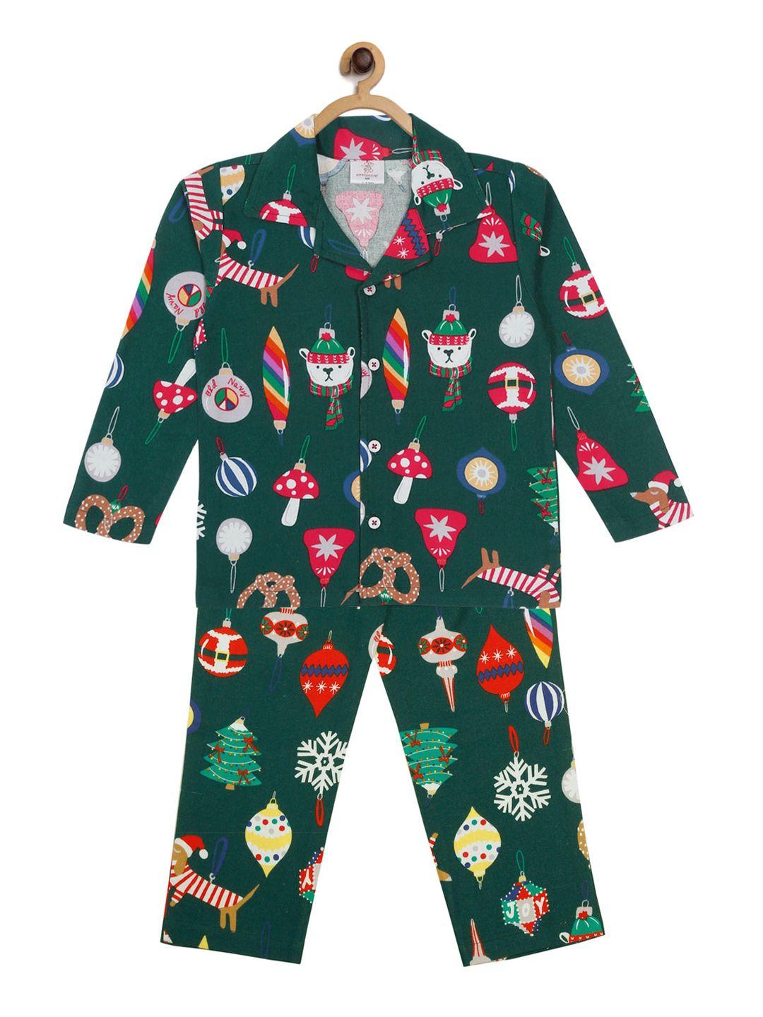 hippodrome kids green & red christmas printed pure cotton night suit