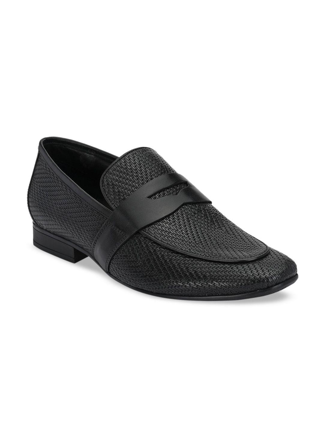 hitz men black woven-design leather formal loafers