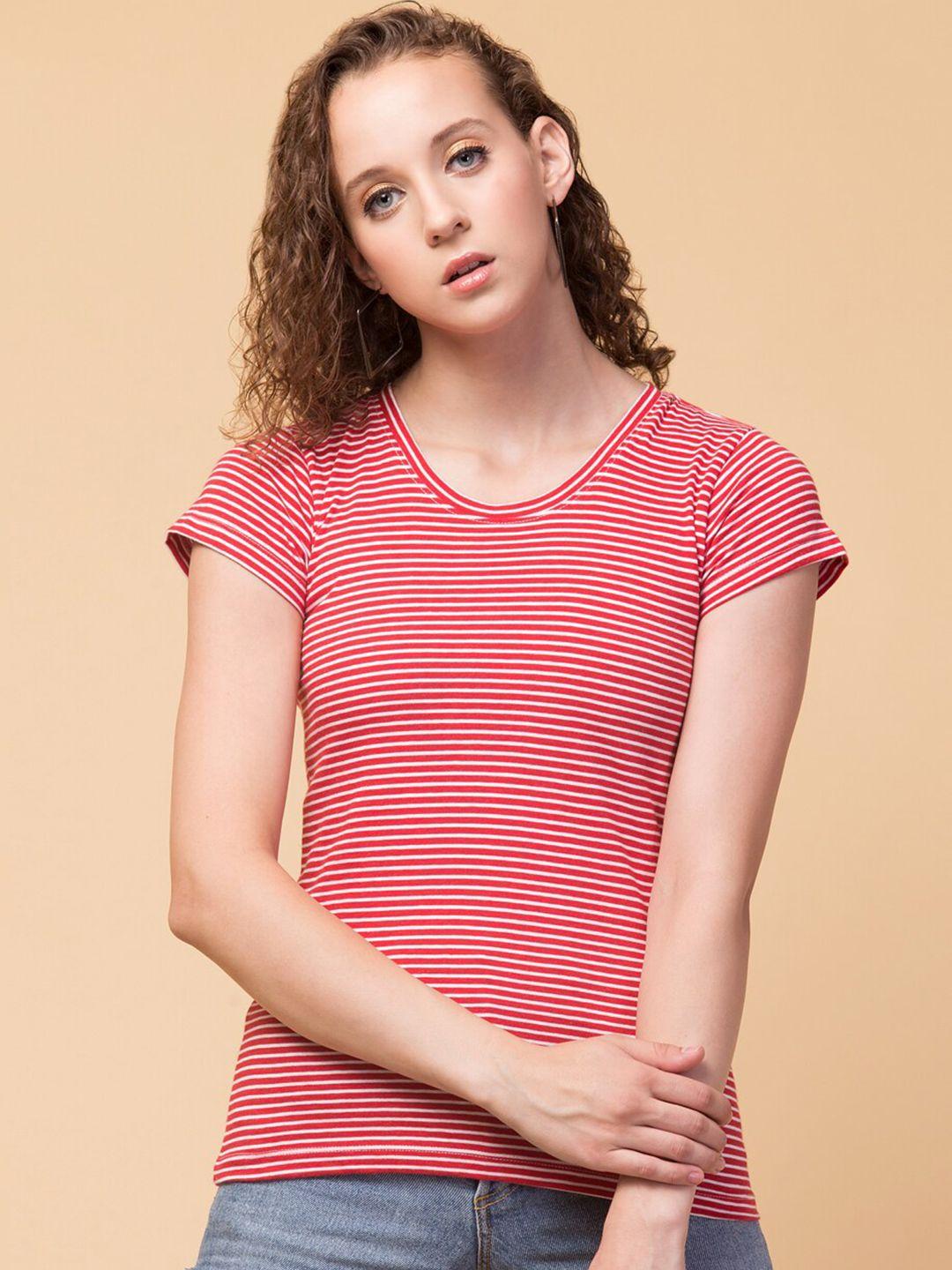 hive91 women red striped half sleeves t-shirt