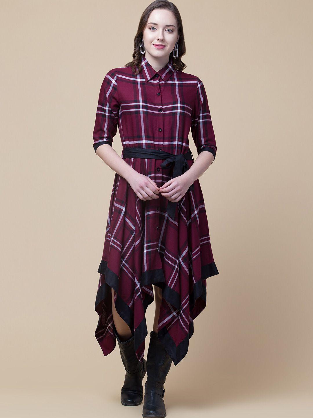 hive91 maroon & white checked shirt midi dress