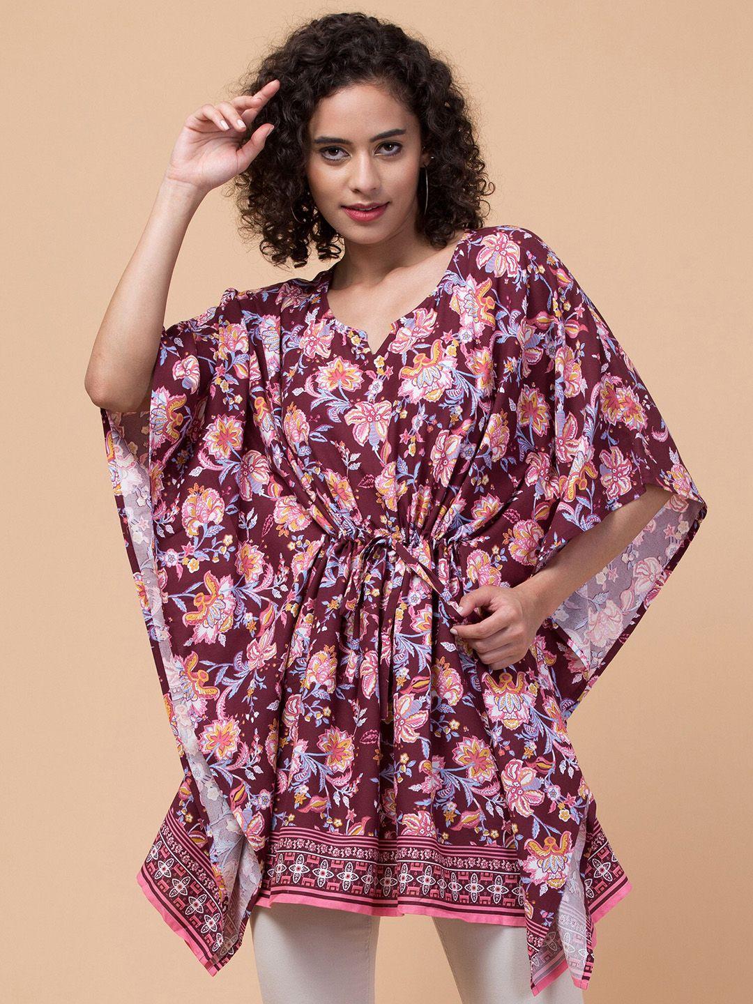 hive91 maroon floral print kimono sleeve kaftan top