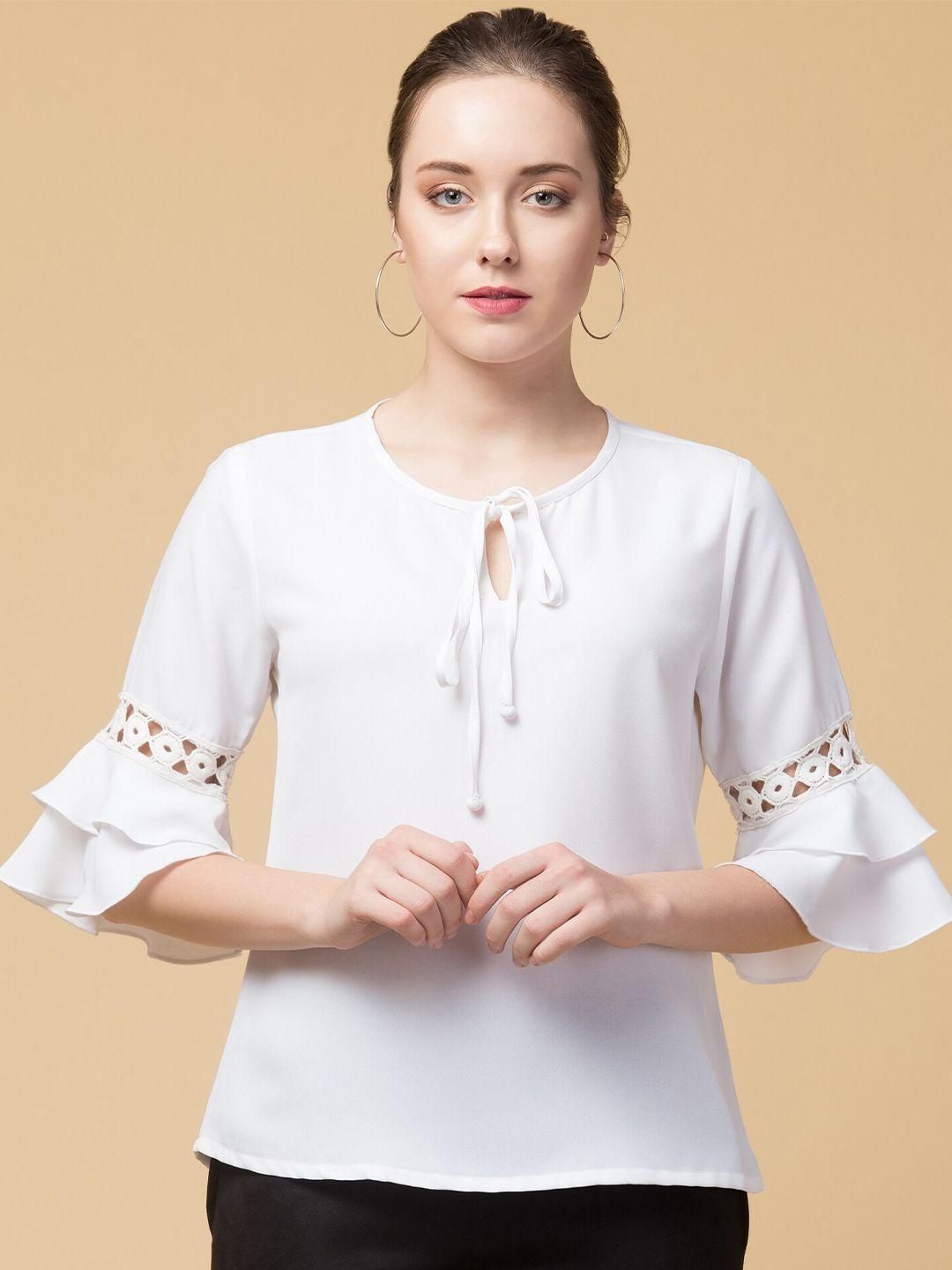 hive91 white tie-up neck georgette top