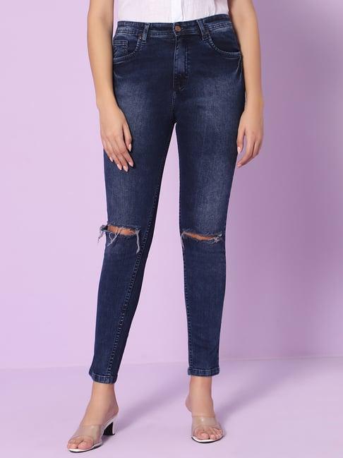 hj hasasi navy mid rise distressed jeans