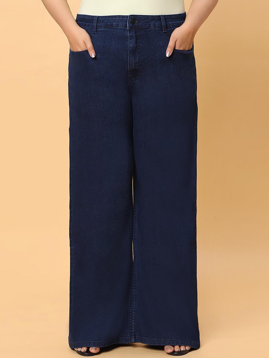 hj hasasi women blue wide leg high-rise low distress stretchable jeans