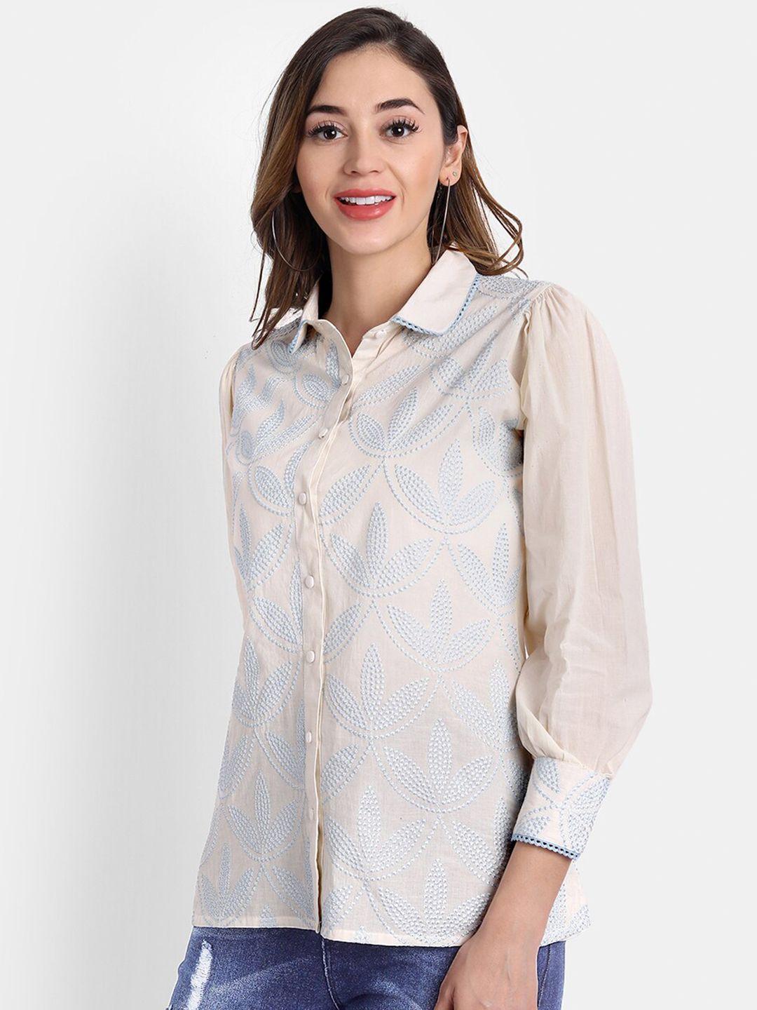 hk colours of fashion off white & blue embroidered cotton shirt style top