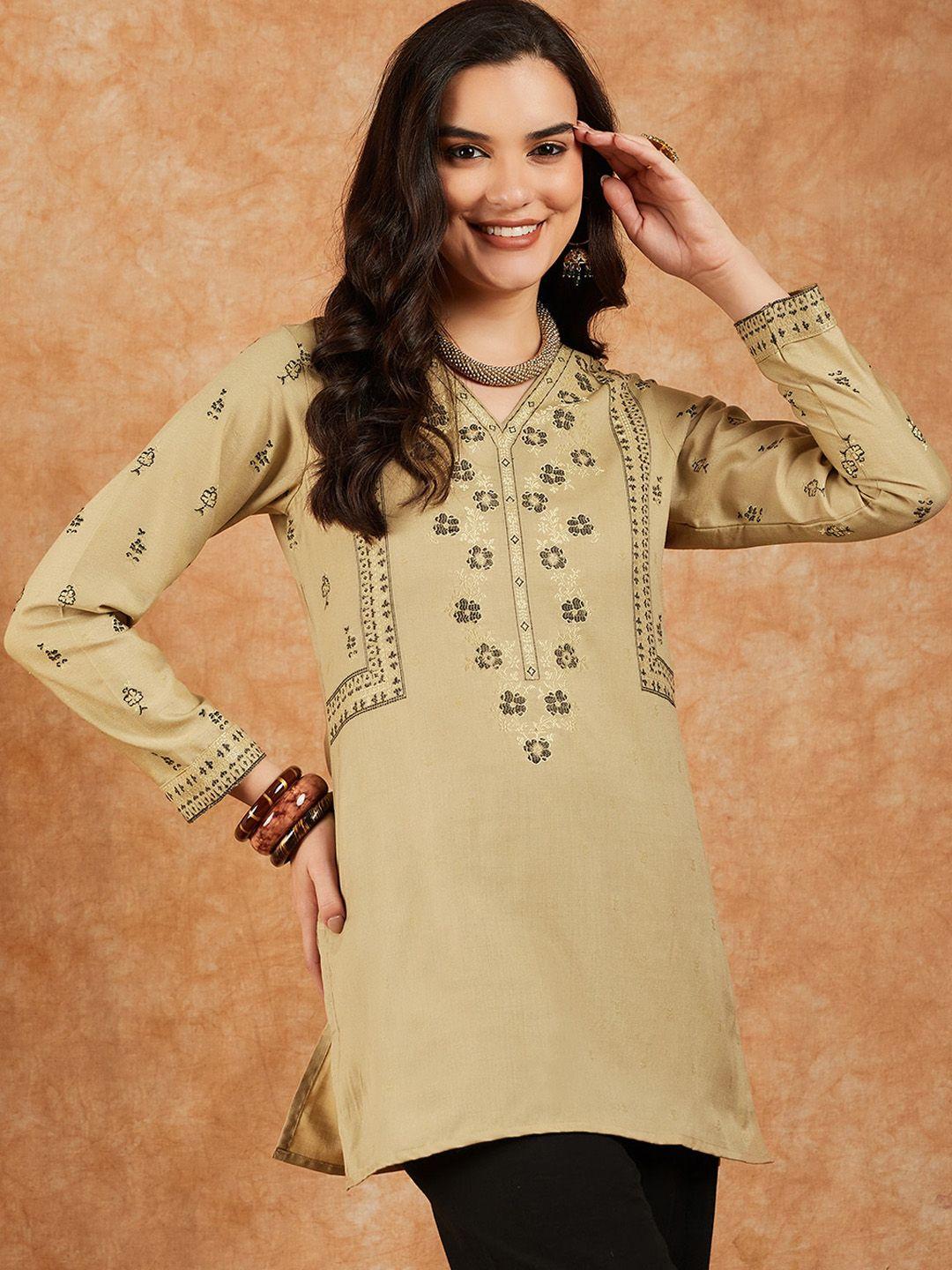 hk colours of fashion ethnic motifs printed v-neck long sleeves straight jacquard kurta