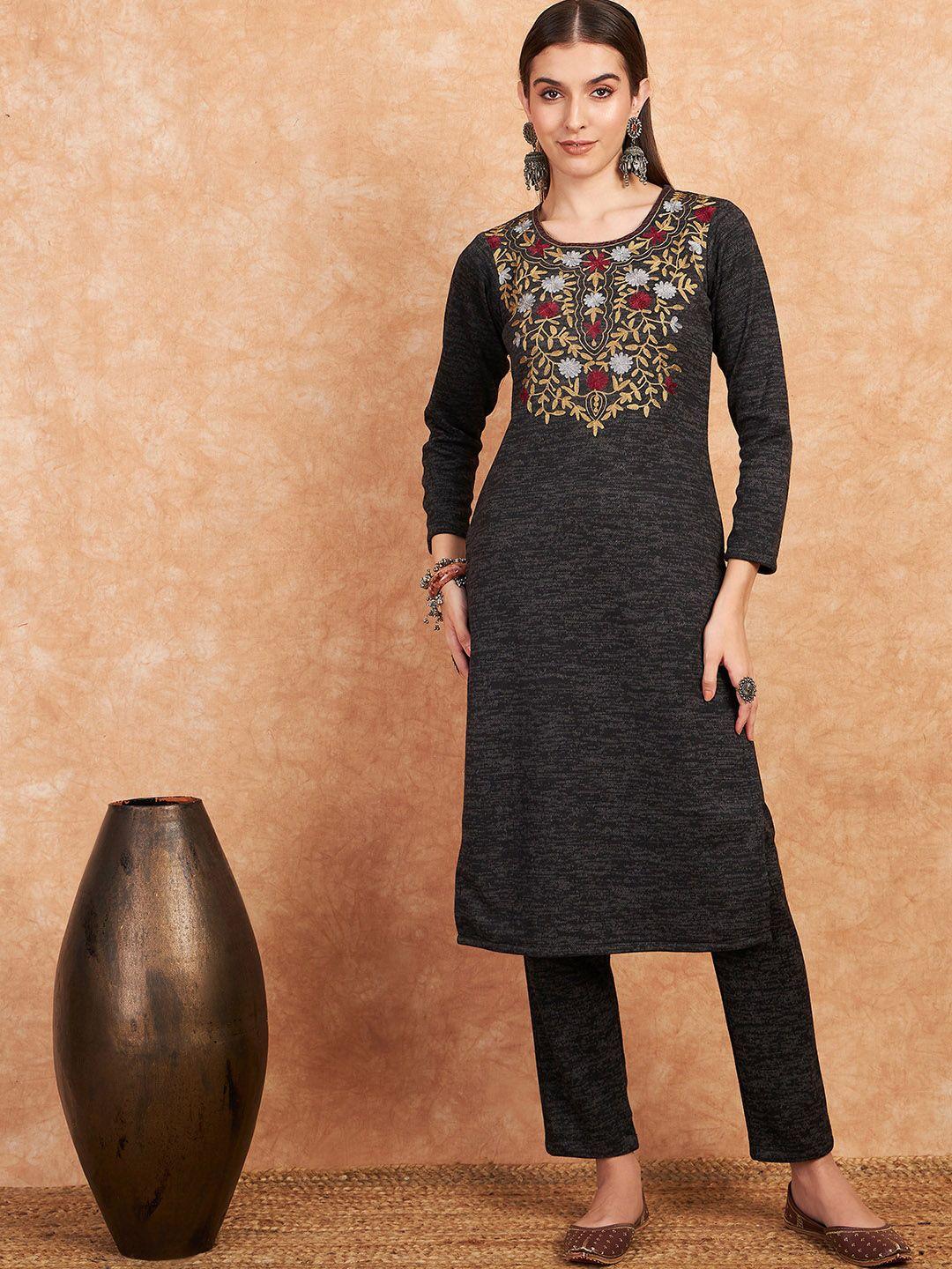 hk colours of fashion floral yoke design thread work straight kurta & trouser with dupatta