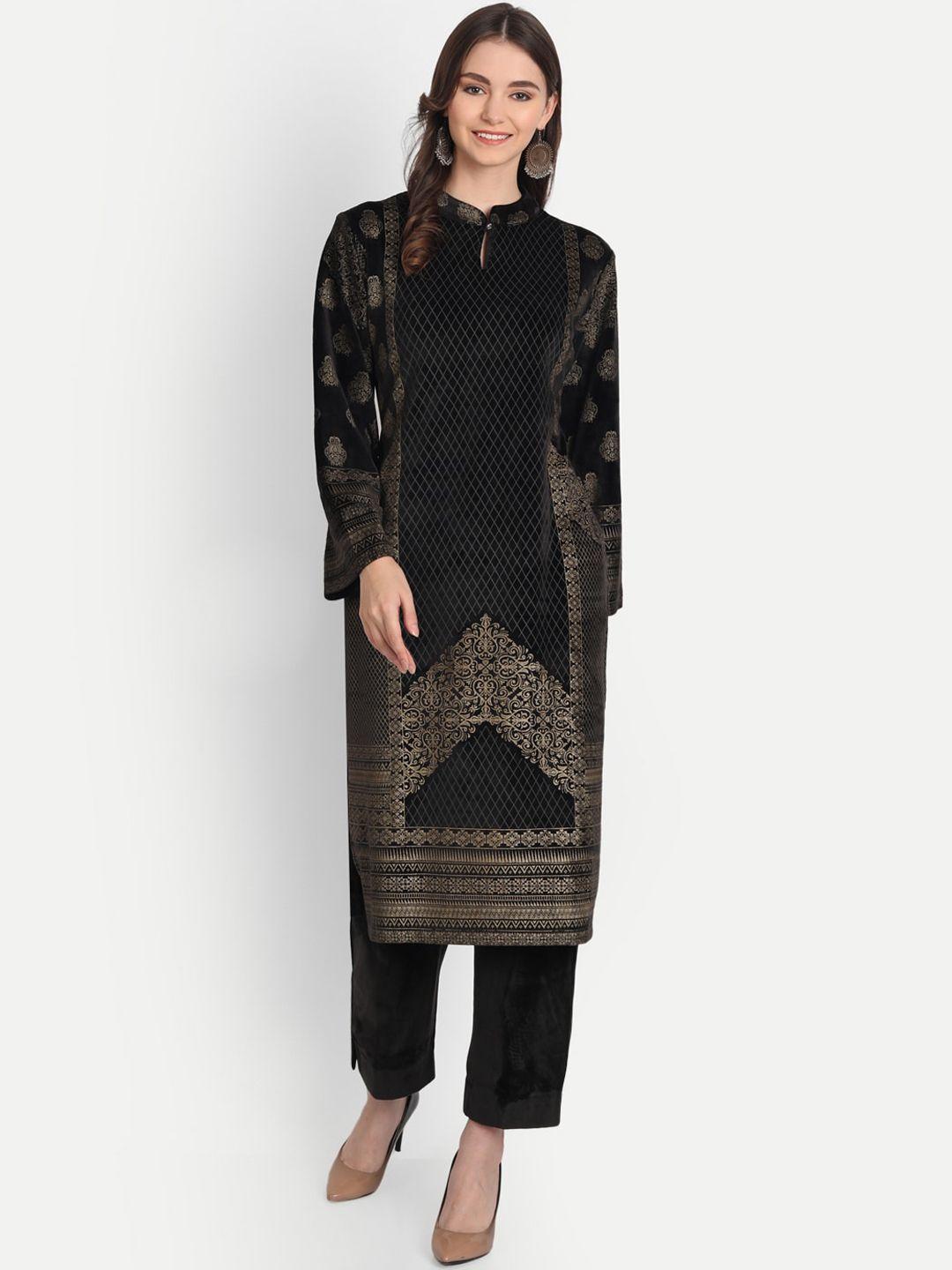 hk colours of fashion women black & gold-toned ethnic printed kurta with trouser set