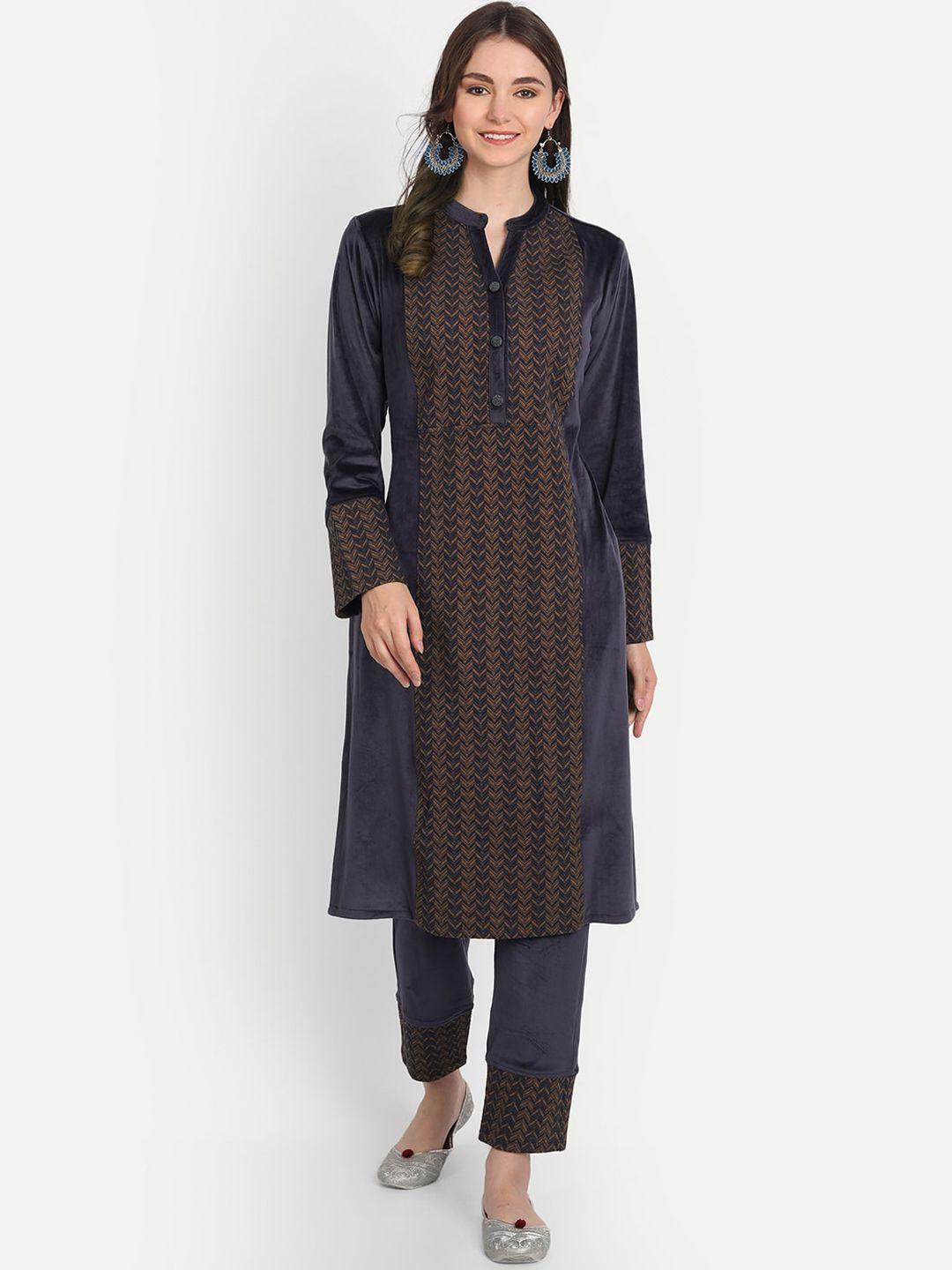 hk colours of fashion women blue & brown printed panelled velvet kurta with trouser set
