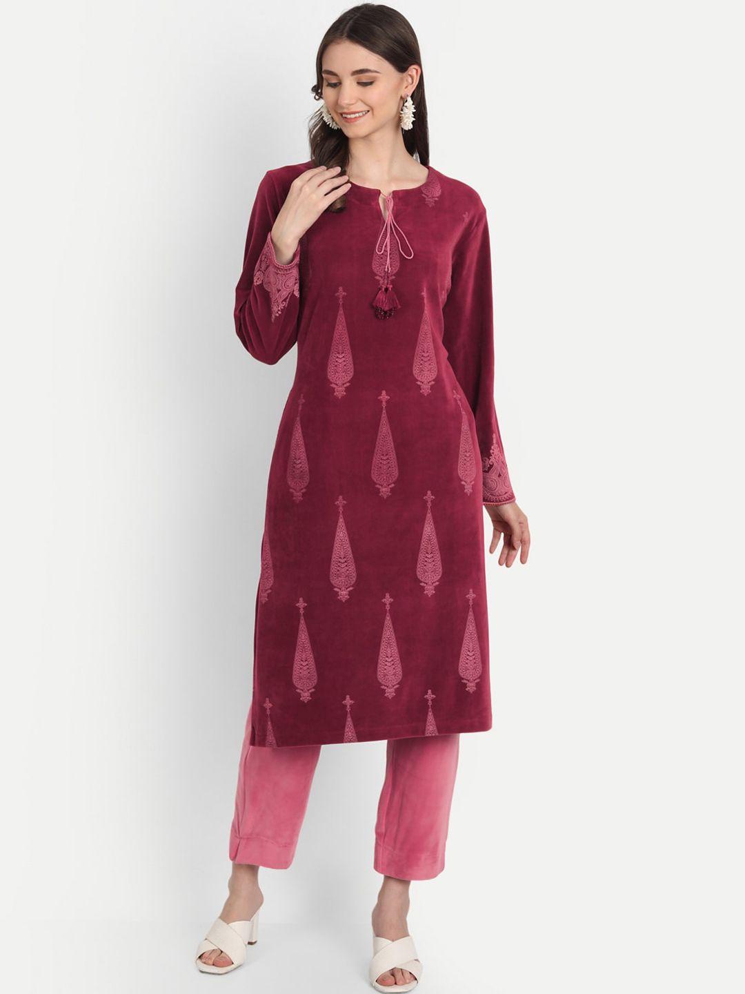 hk colours of fashion women burgundy & pink paisley printed velvet kurta with trouser set