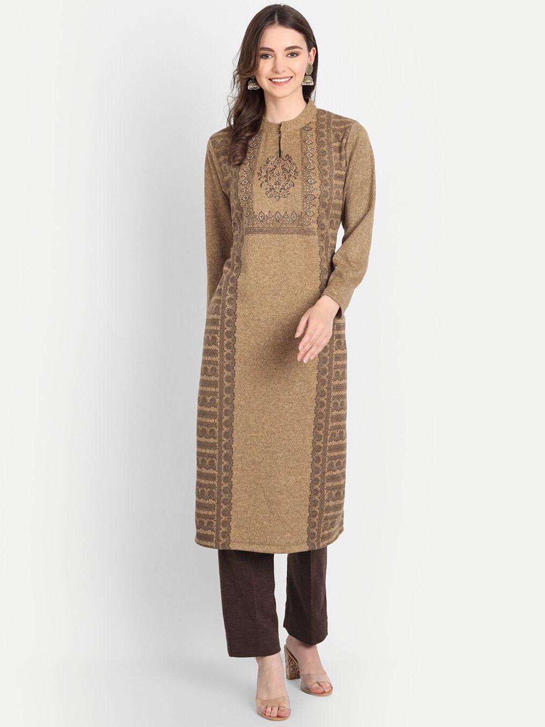 hk colours of fashion women camel brown ethnic motifs printed beads and stones kurta with trousers