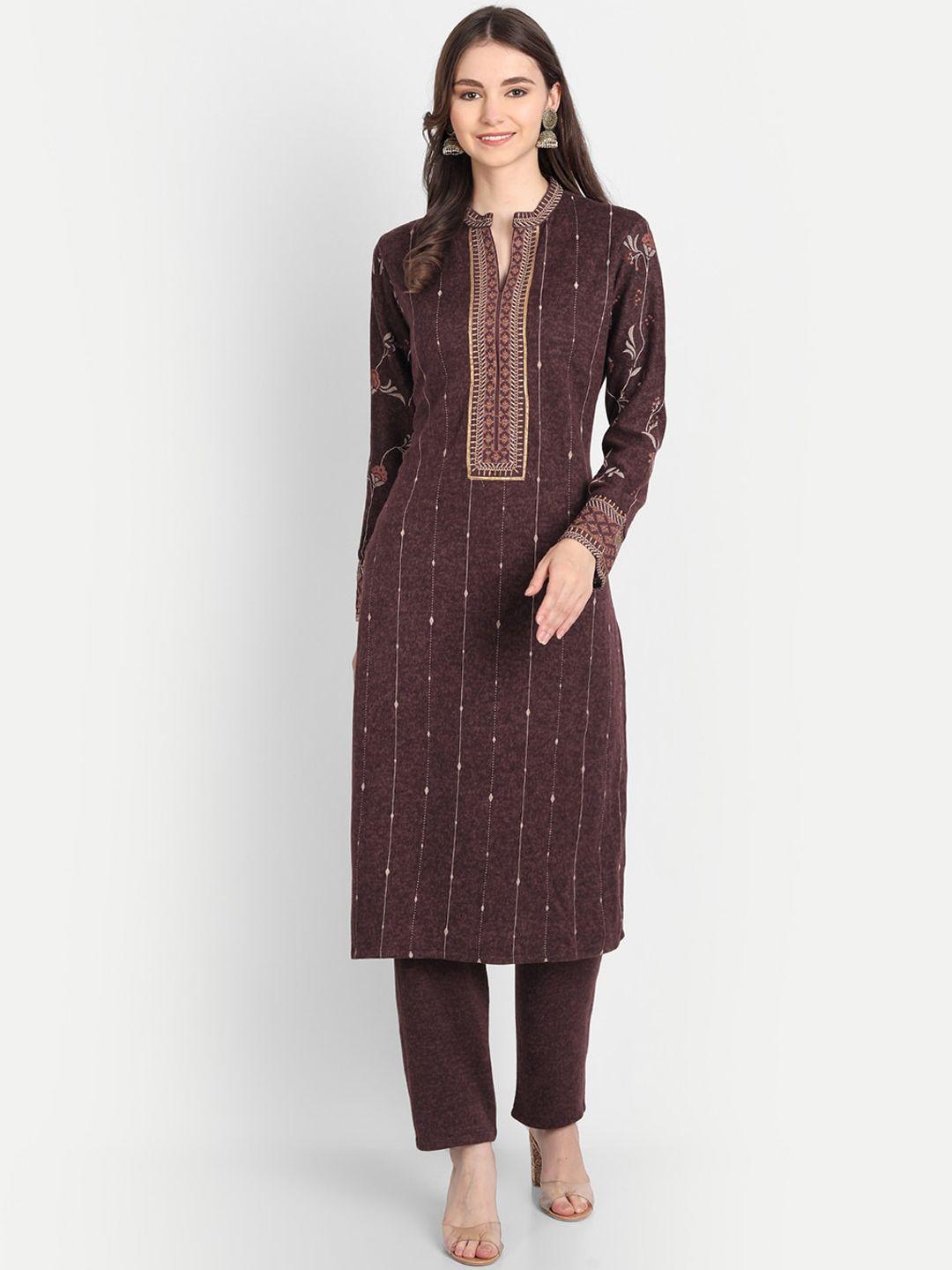 hk colours of fashion women coffee brown & beige floral embroidered kurta with trouser set