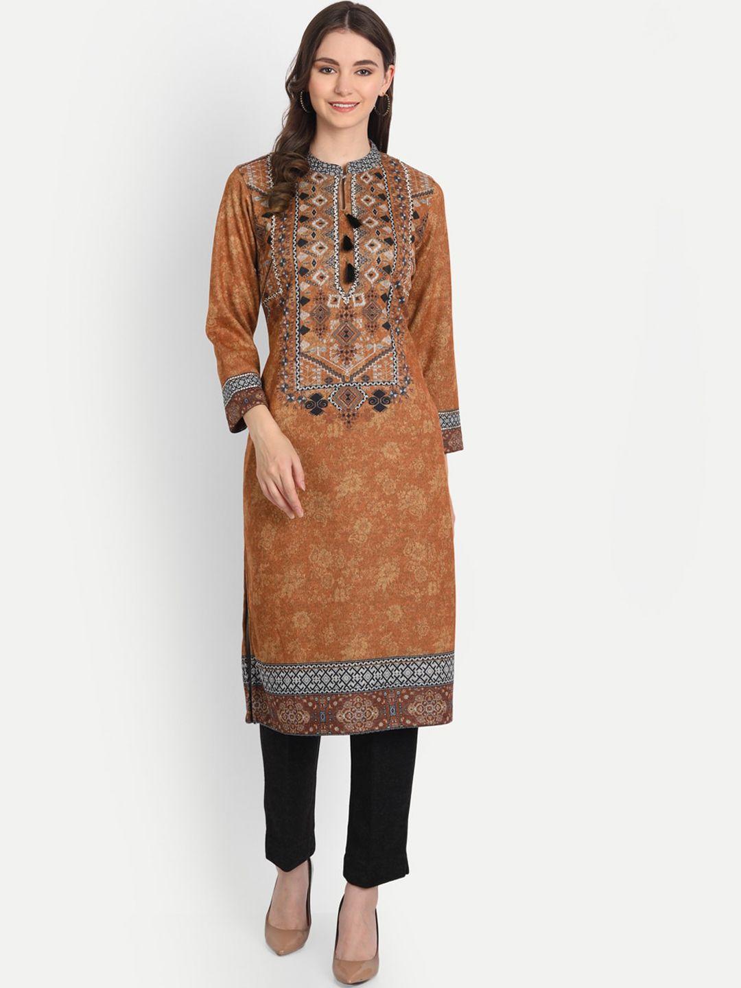 hk colours of fashion women copper-toned & black ethnic printed kurta with trouser set
